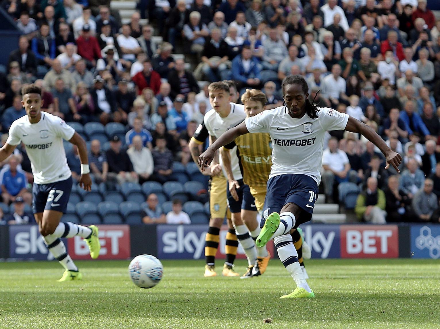 Daniel Johnson scores from the penalty spot against Sheffield Wednesday at Deepdale on the opening day of the 2017/18 season