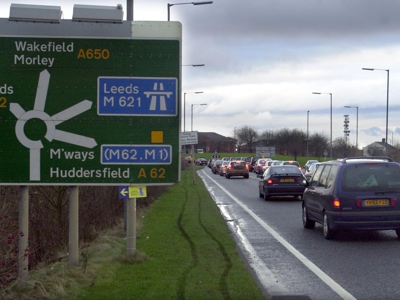 Traffic queues onto Gildersome roundabout.