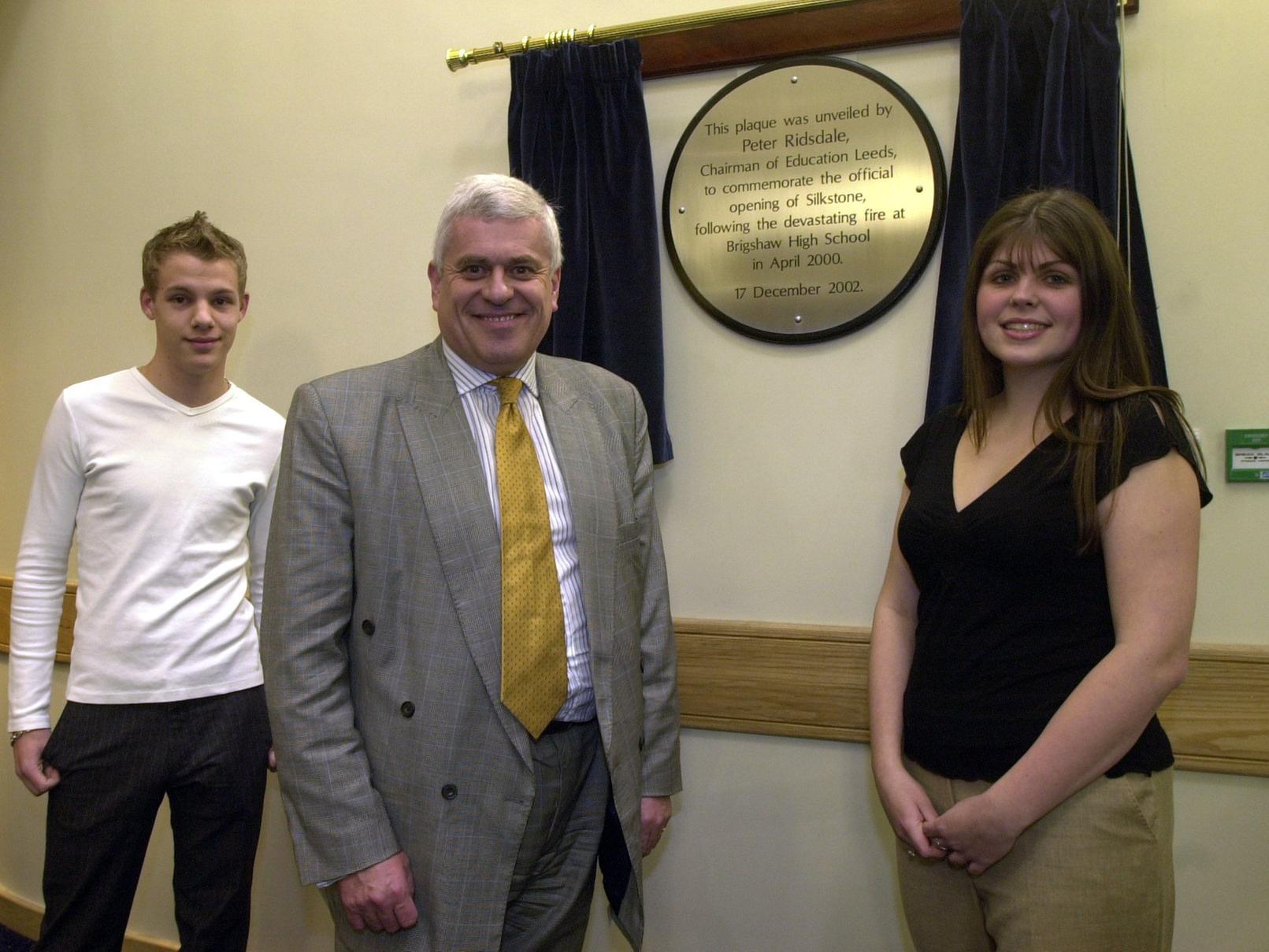 Chairman of Education Leeds, Peter Ridsdale opened the new multi million pound school building at Brigshaw High. He is pictured with pupils Charlotte Orr and Matt Hill.