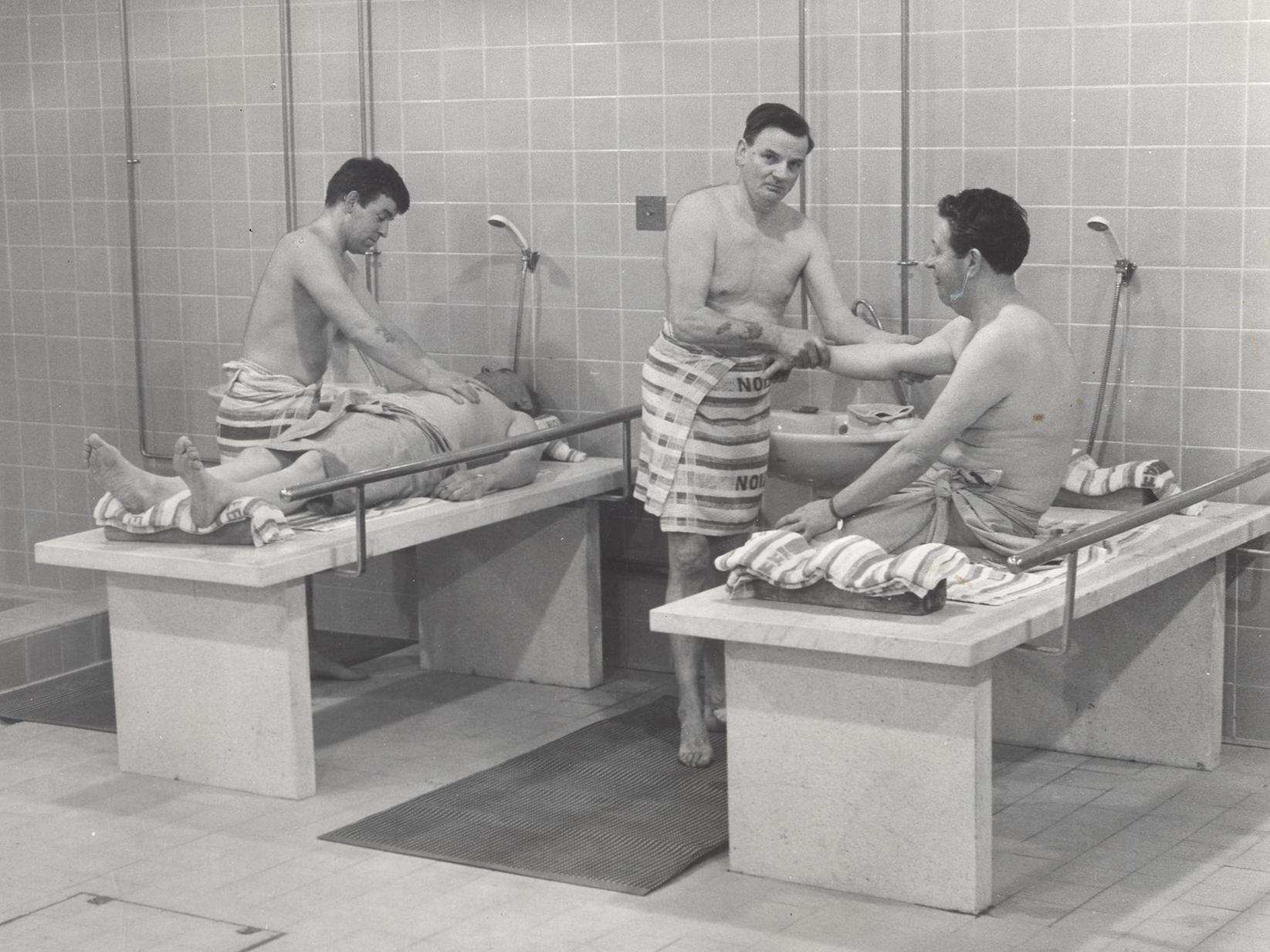 The Turkish and remedial baths were open to the public for the first time. Pictured are the first customers enjoying the new facilities.
