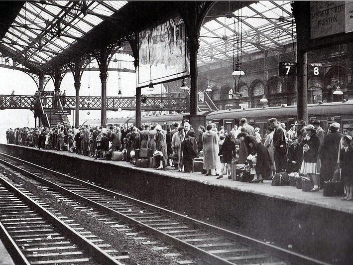 Preston Railway Station July 21st 1957 - Passengers waiting on Platform 7 at the start of Preston Holiday Week