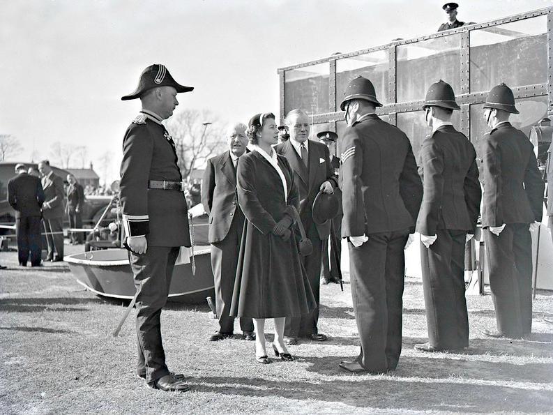 Royal Visit to Hutton Police H.Q. near Preston. 13, April 1955 - H.M. The Queen visiting the Lancashire Constabulary H.Q. at Hutton.