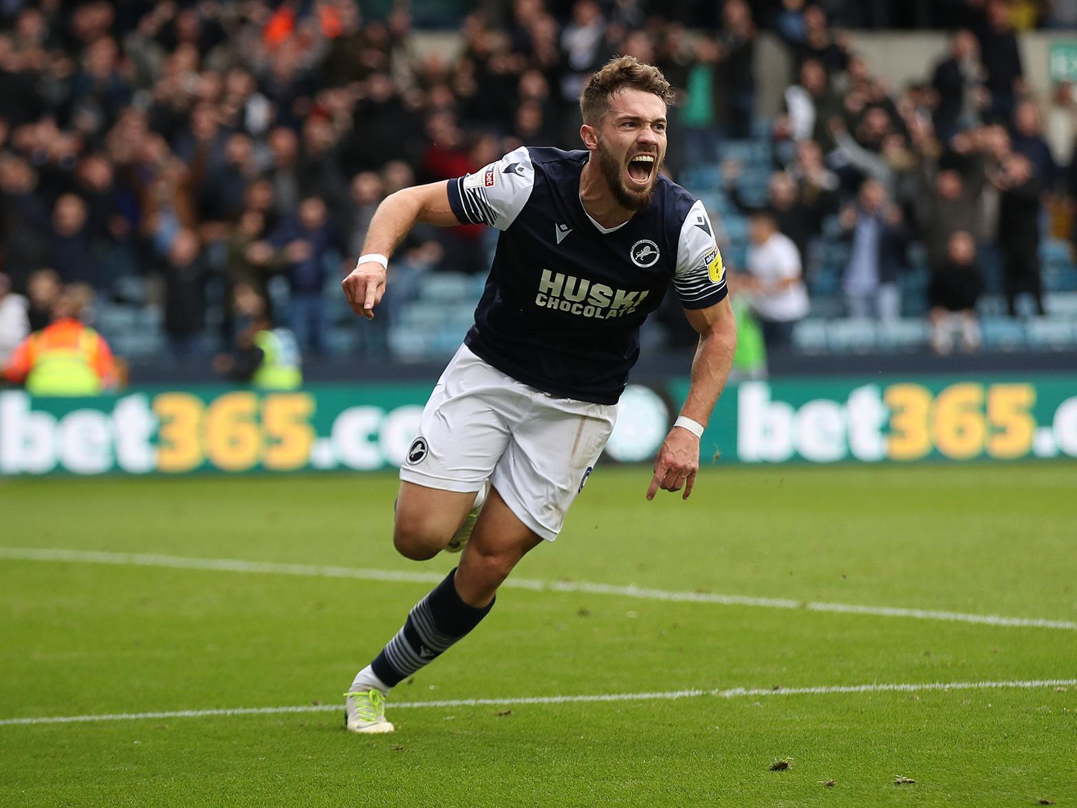 KEY THREAT: Millwall's no 9, striker Tom Bradshaw, pictured celebrating his side's second goal in the 2-1 victory against Leeds United at The Den in October. Photo by Christopher Lee/Getty Images.