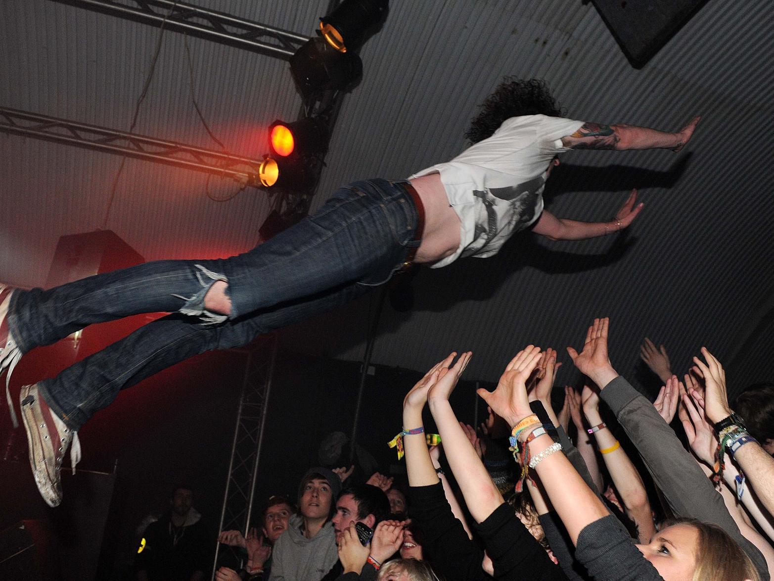 The Pigeon Detectives lead singer Matt Bowman takes a dive into the crowd. When: 6 December 2010