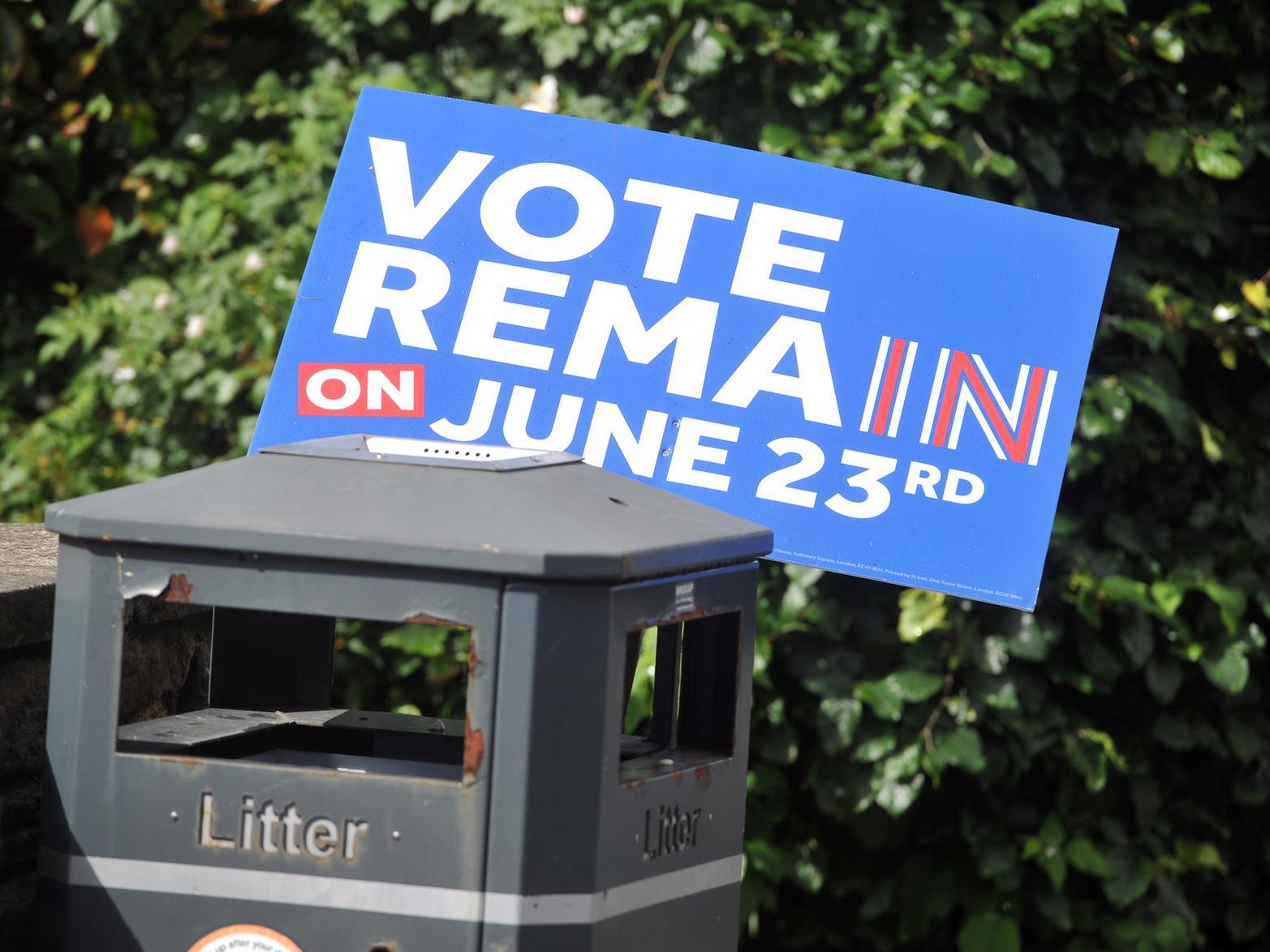 A Vote Remain placard seen in a bin in Leeds the day after the country voted to leave the European Union in June 2016