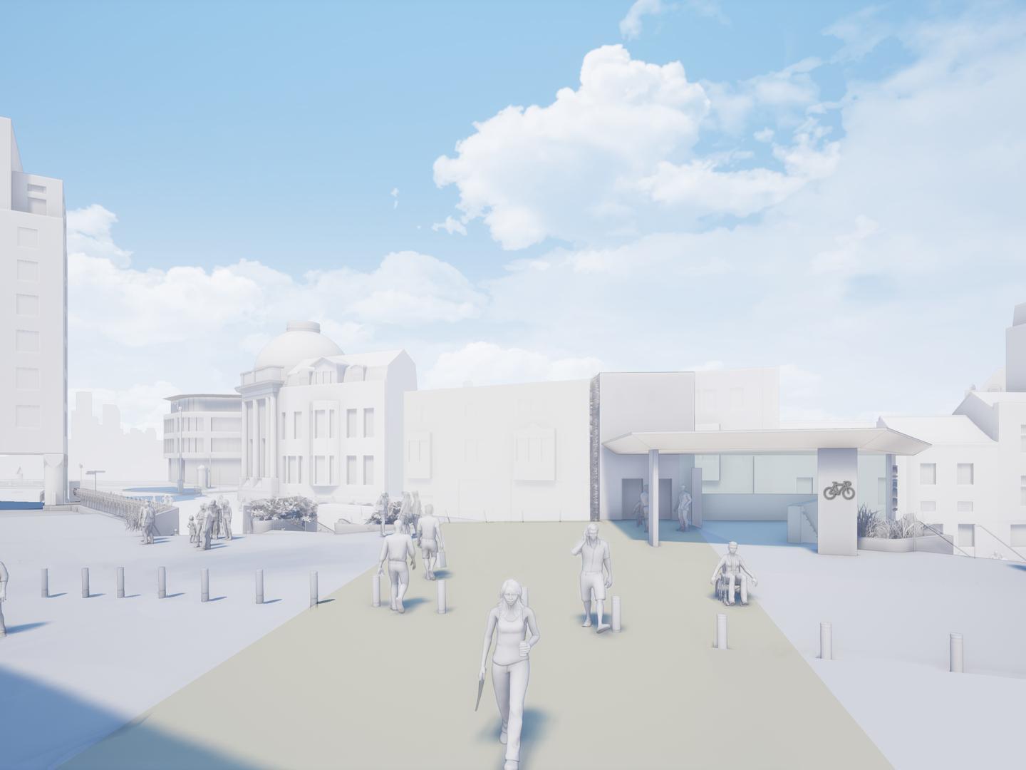 The proposed view of the newly-pedestrianised New Station Street - currently a taxi rank. The Queens Hotel is on the left of the picture.