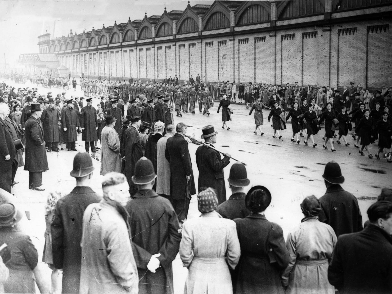 Fleetwoods VE Day parade which marched alongside Fleetwood Railway Station