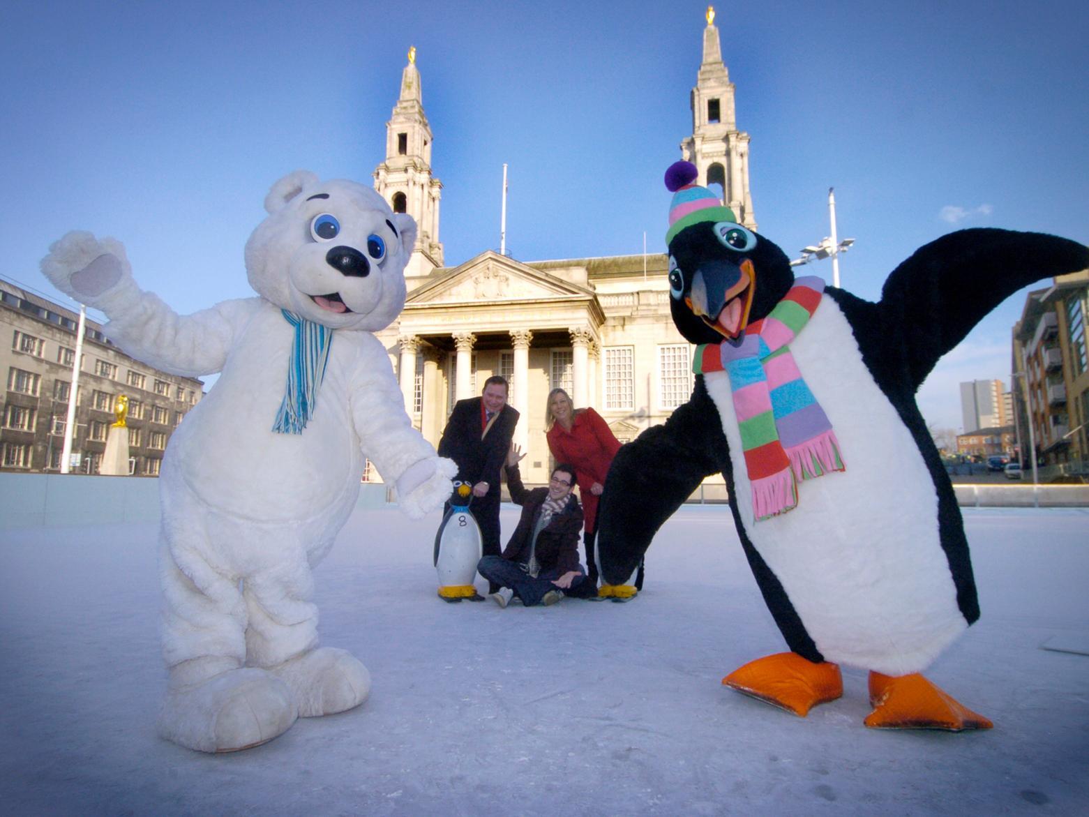 The surreal sight of Minty and Pengiun at the Ice Cube launch in January 2009. Also pictured are Coun John Procter, YPN promotion and marketing manager Susan Tyler-Stringer and Radio Aire's Rich Williams.