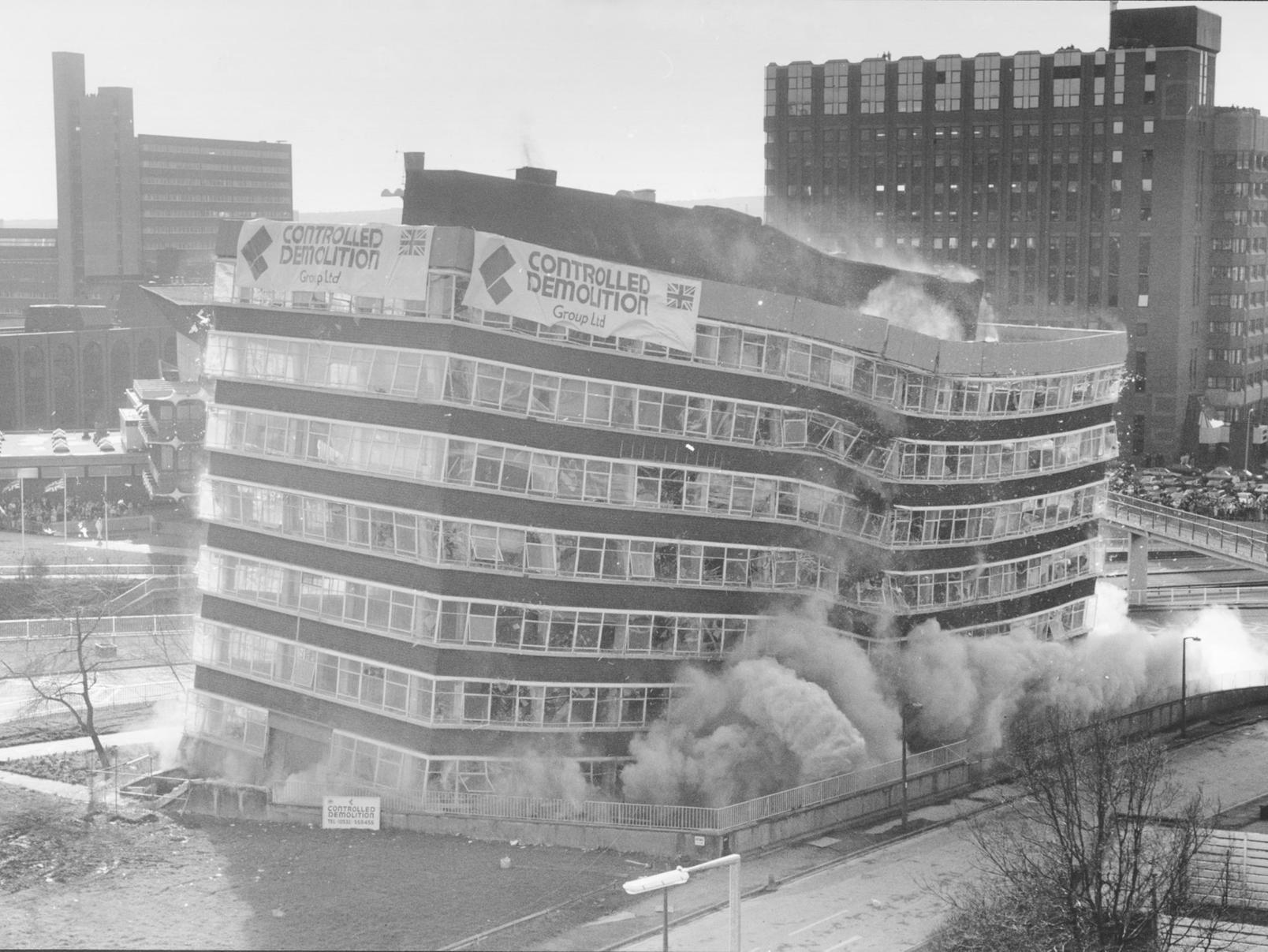 Homes were cleared and major roads closed for Leeds's big bang - the demolition of Telecom House in February 1990.