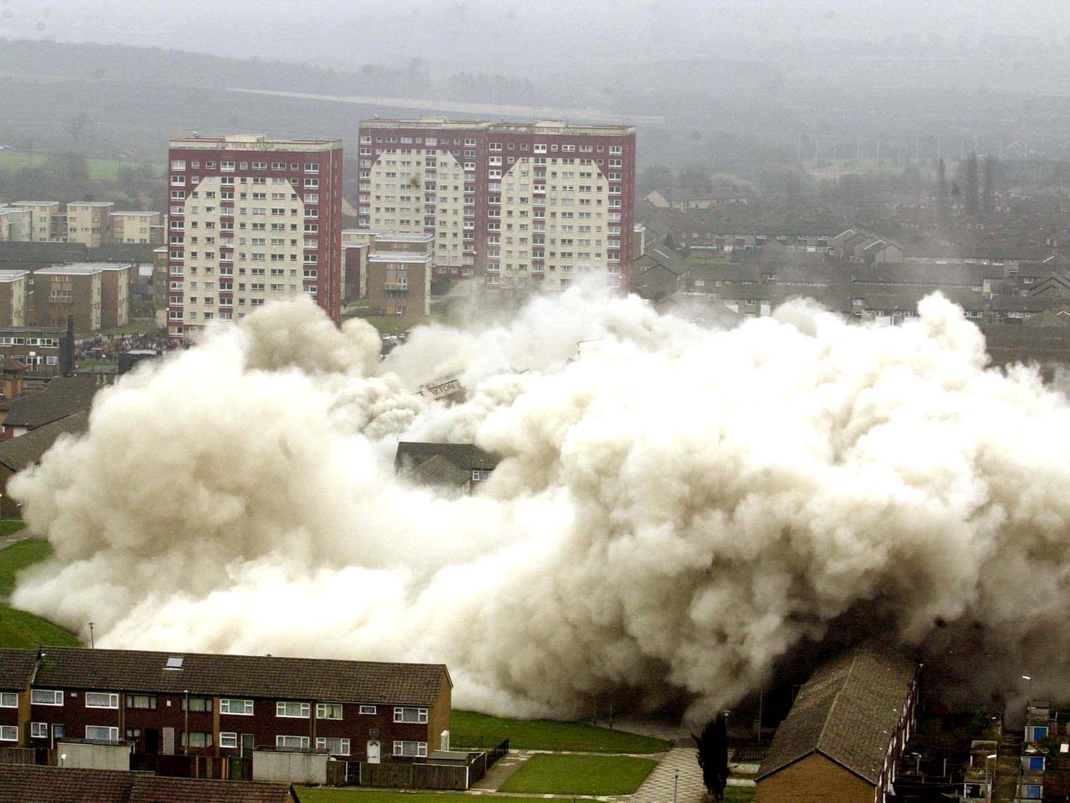 These two blocks of flats in Swarcliffe were raised to the ground in March 2001.