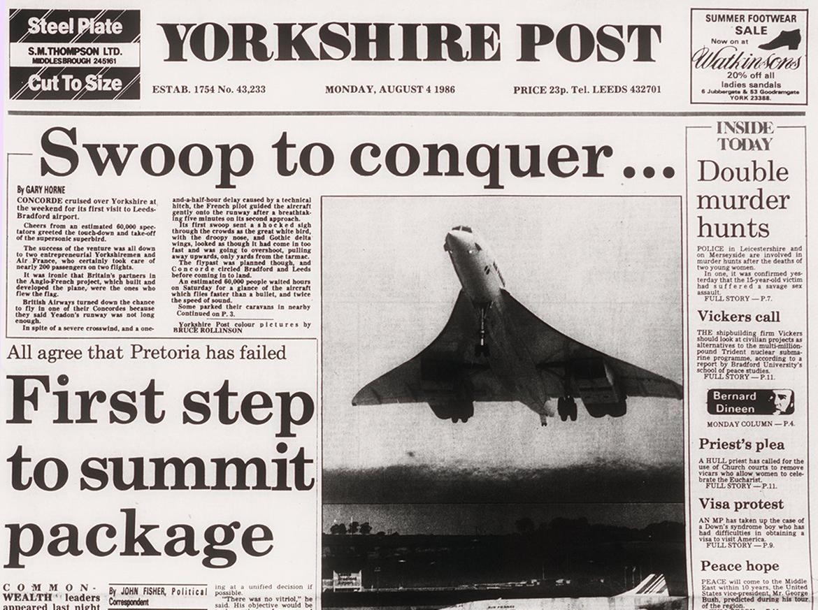The front page of the Yorkshire Post when Concorde landed at LBA for the first time.