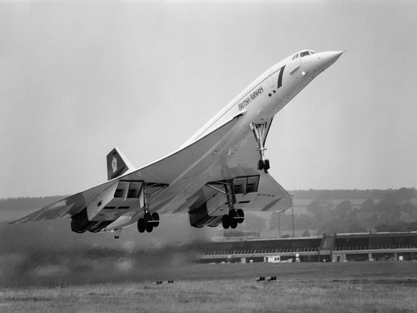 This photo taken from the side of the runway as British Airways G-BOAA took off in 1997.