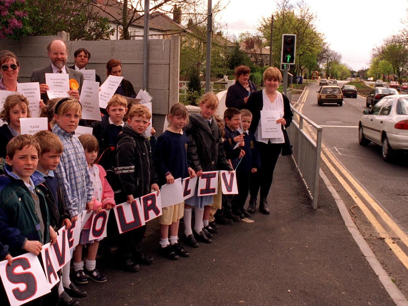 Parents and children from St Matthew's Primary School in Chapel Allerton protested after the Supertram development took away a grass verge.