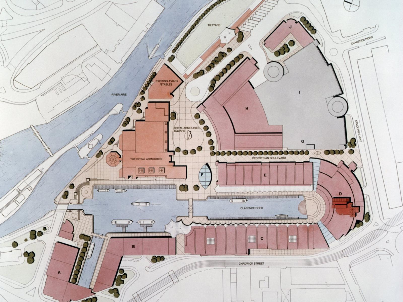 Roof plan of Clarence Dock, the proposed multi-million pound waterside development for Leeds. The 14 acre site was to comprise of a combination of leisure, residential, commercial and retail units.
