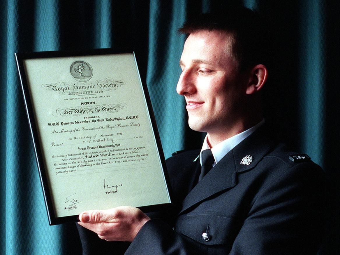 This is PC Andrew Ward with his commendation after saving a man from drowning in the River Aire.