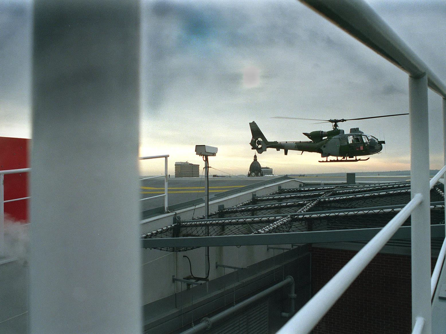 An Aerospatiale Gazelle helicopter from the 656 Squadron R.A.F. Dishforth lands on the new helipad on the roof of the new Jubilee Building at LGI during a trial flight.