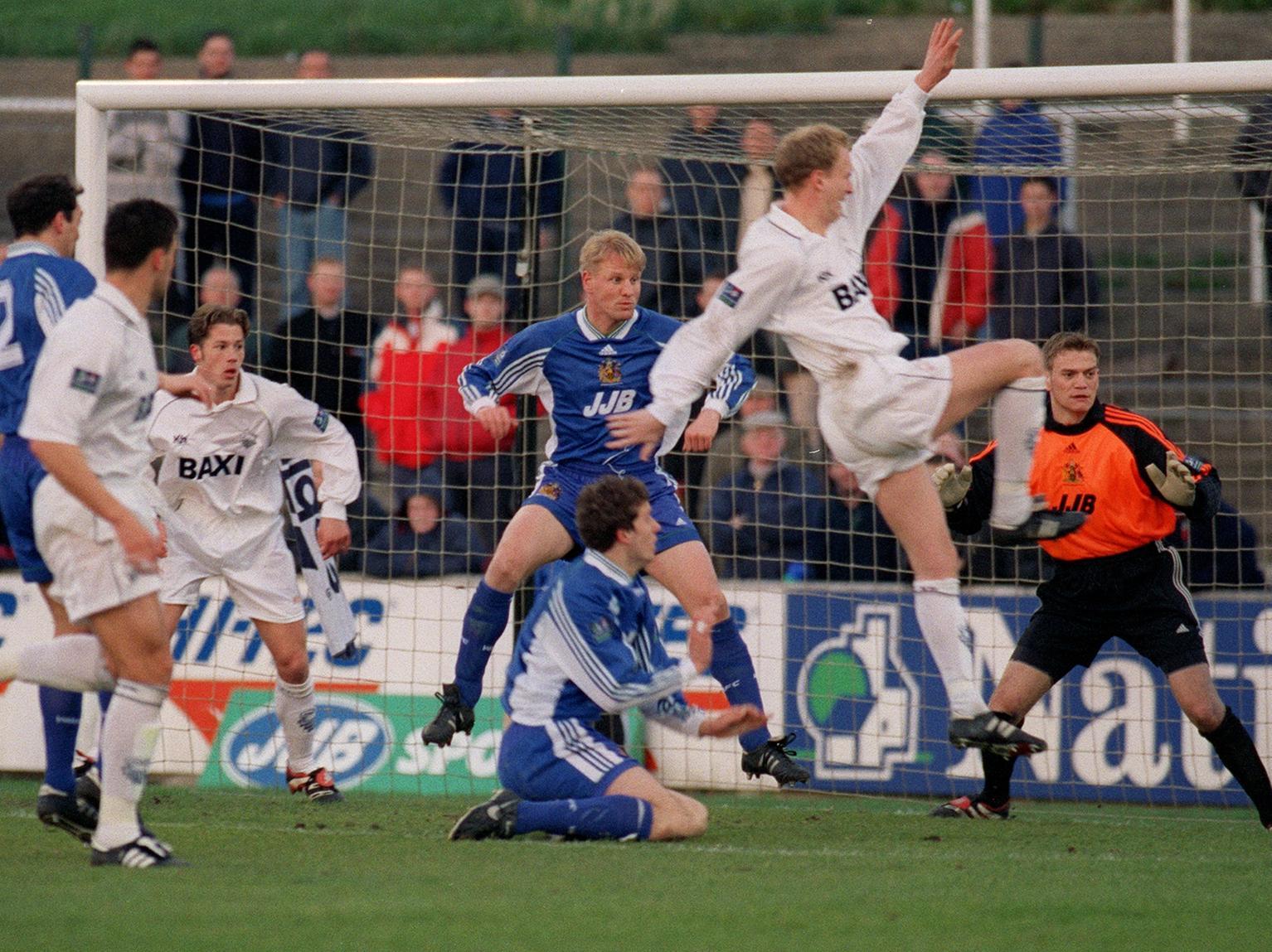 Colin Murdock scores for PNE in a 2-2 draw with Wigan at Springfield Park in April 1999
