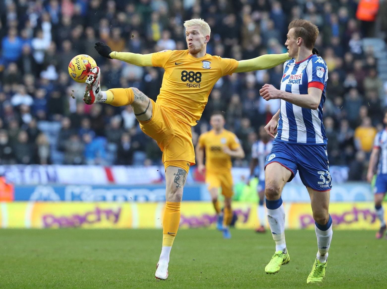 Preston striker Simon Makienok sticks out a long leg to get the ball in PNE's visit to the DW Stadium in February 2017
