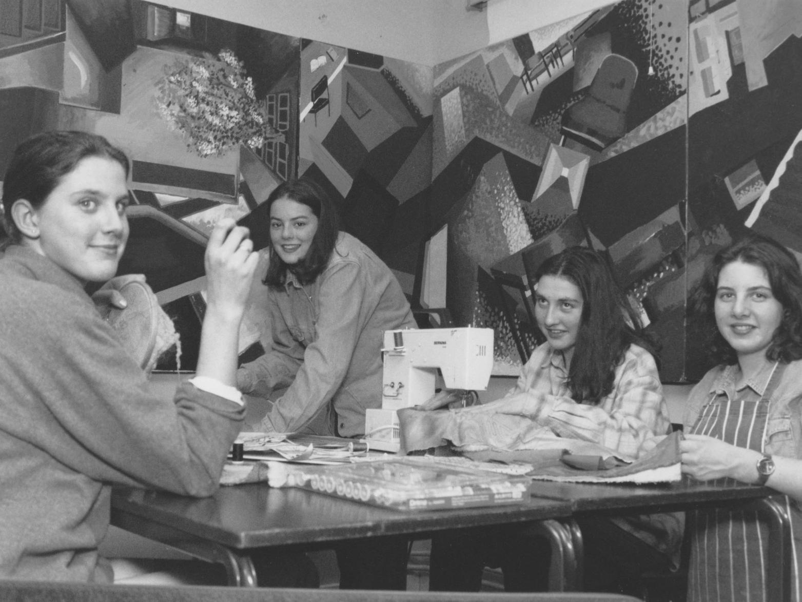 At an open evening of the Scarborough Sixth Form College in January 1995 textile students were on hand to demonstrate their skills. From left Katie Brice, Caroline Smart, Cass Johnson and Debbie Jackson.