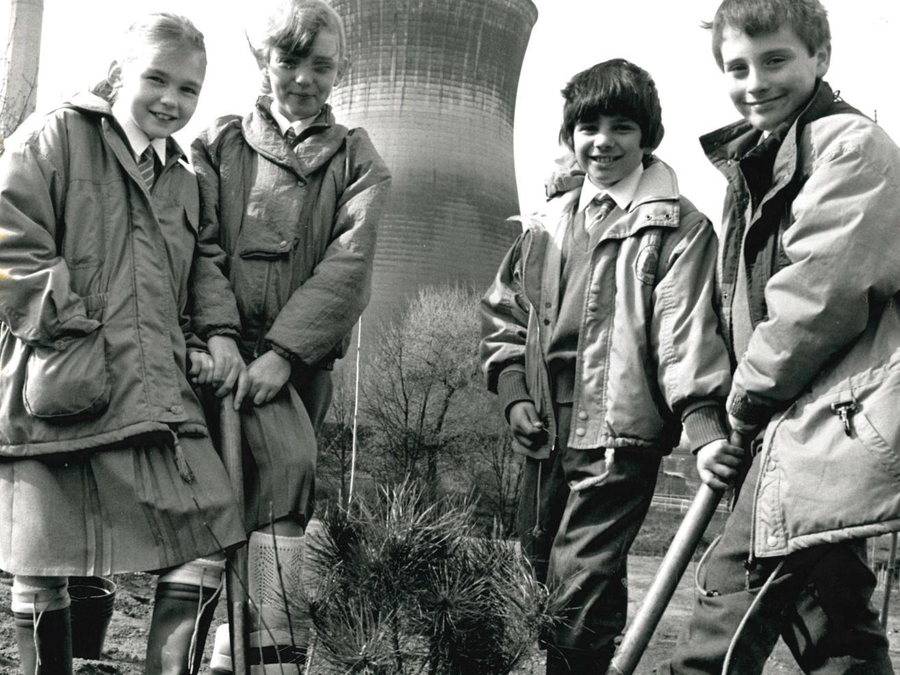 Walton School pupils plant trees at Wakefield Power Station, 1990.