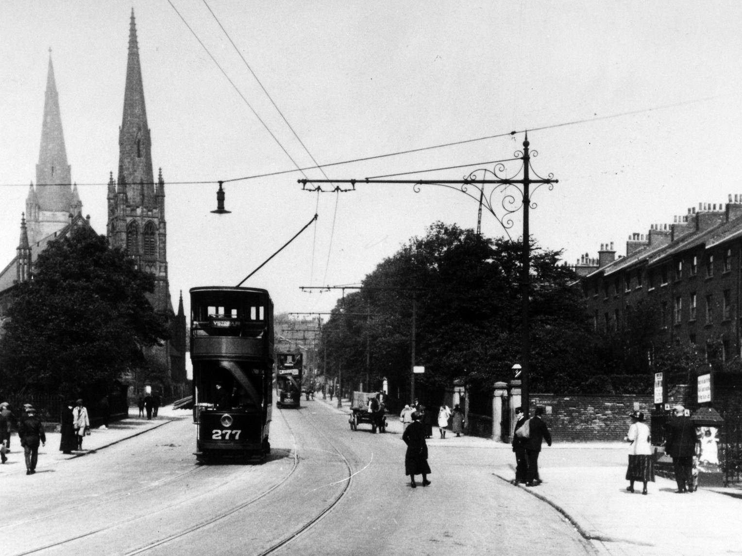 Two stretches of Woodhouse Lane in the days of open-ended trams and solid tyres.