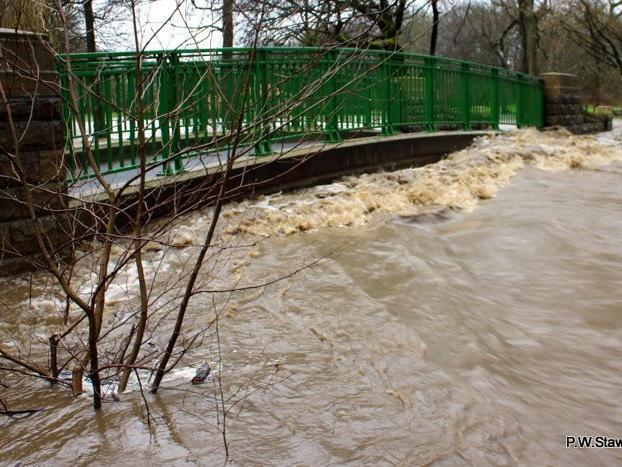 The River Brun burst its banks in Thompson Park. Picture by Peter Stawicki.
