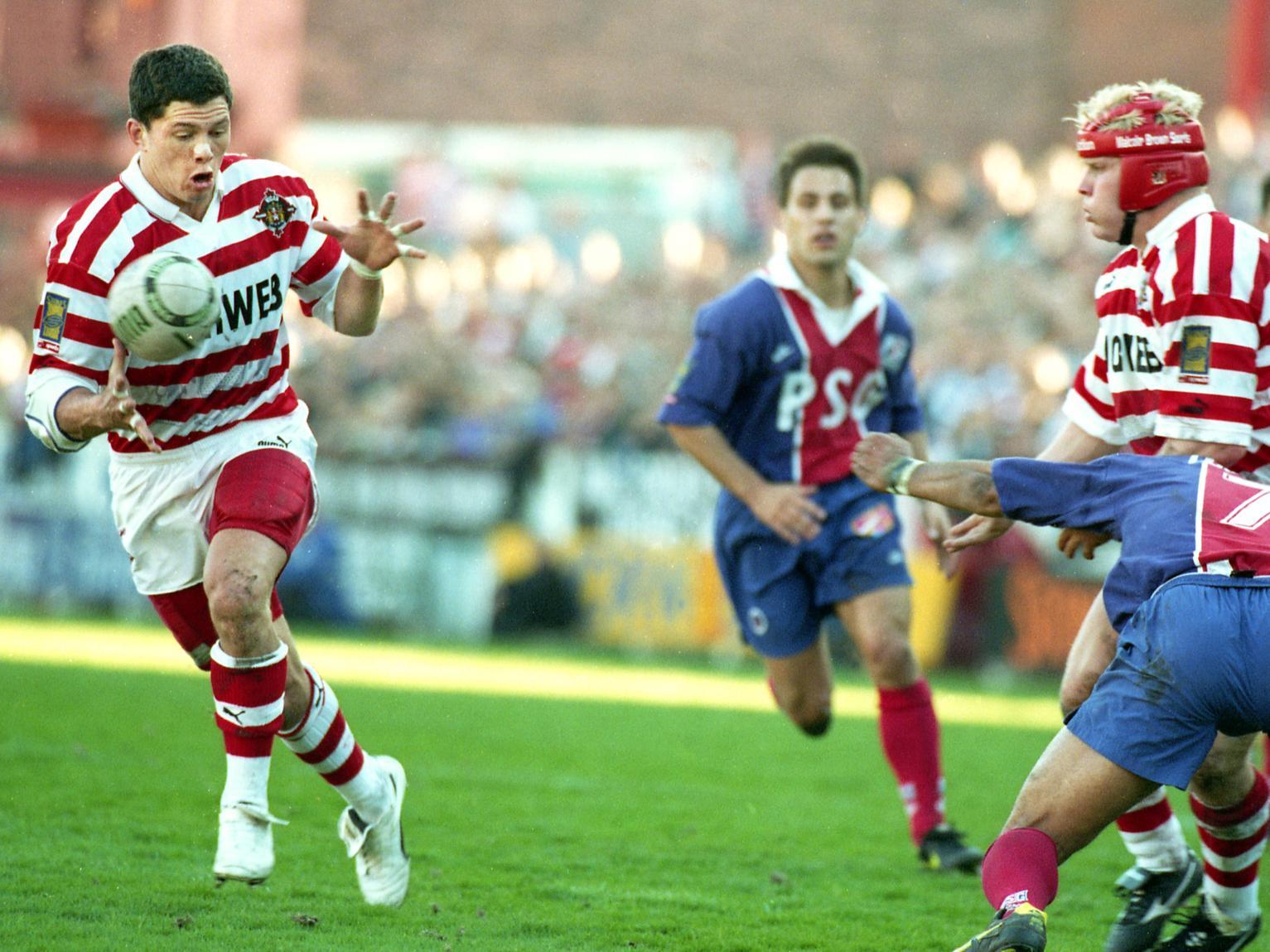 The creation of Super League saw Paris St Germain enter the competition in 1996. Wigan won 76-8 in France in May before a tighter affair in the return leg, winning 24-20 (above, Henry Paul)