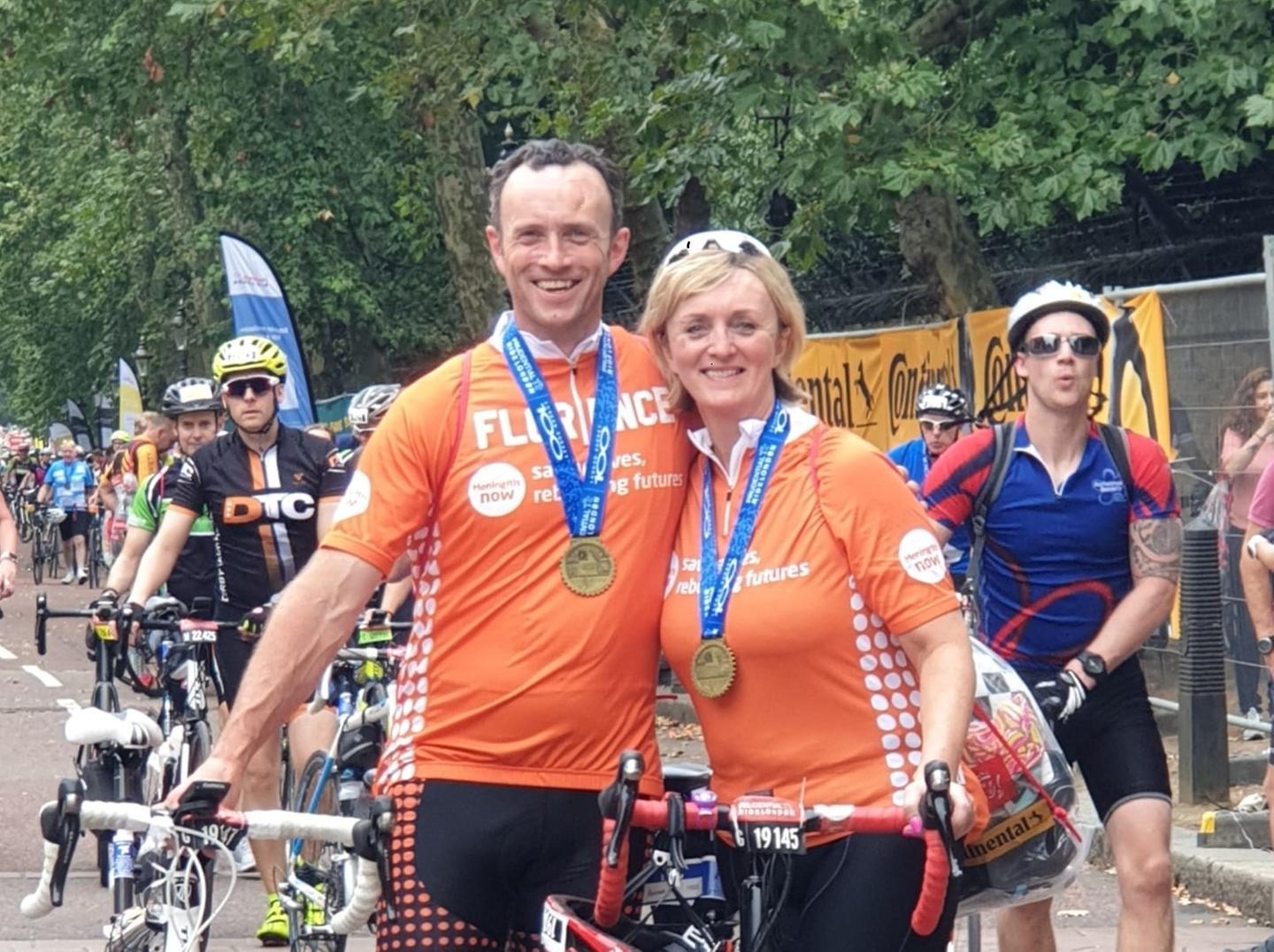 Karl Birch and sister Angela Cooper at the Ride London bike ride for Meningitis Now in August 2019