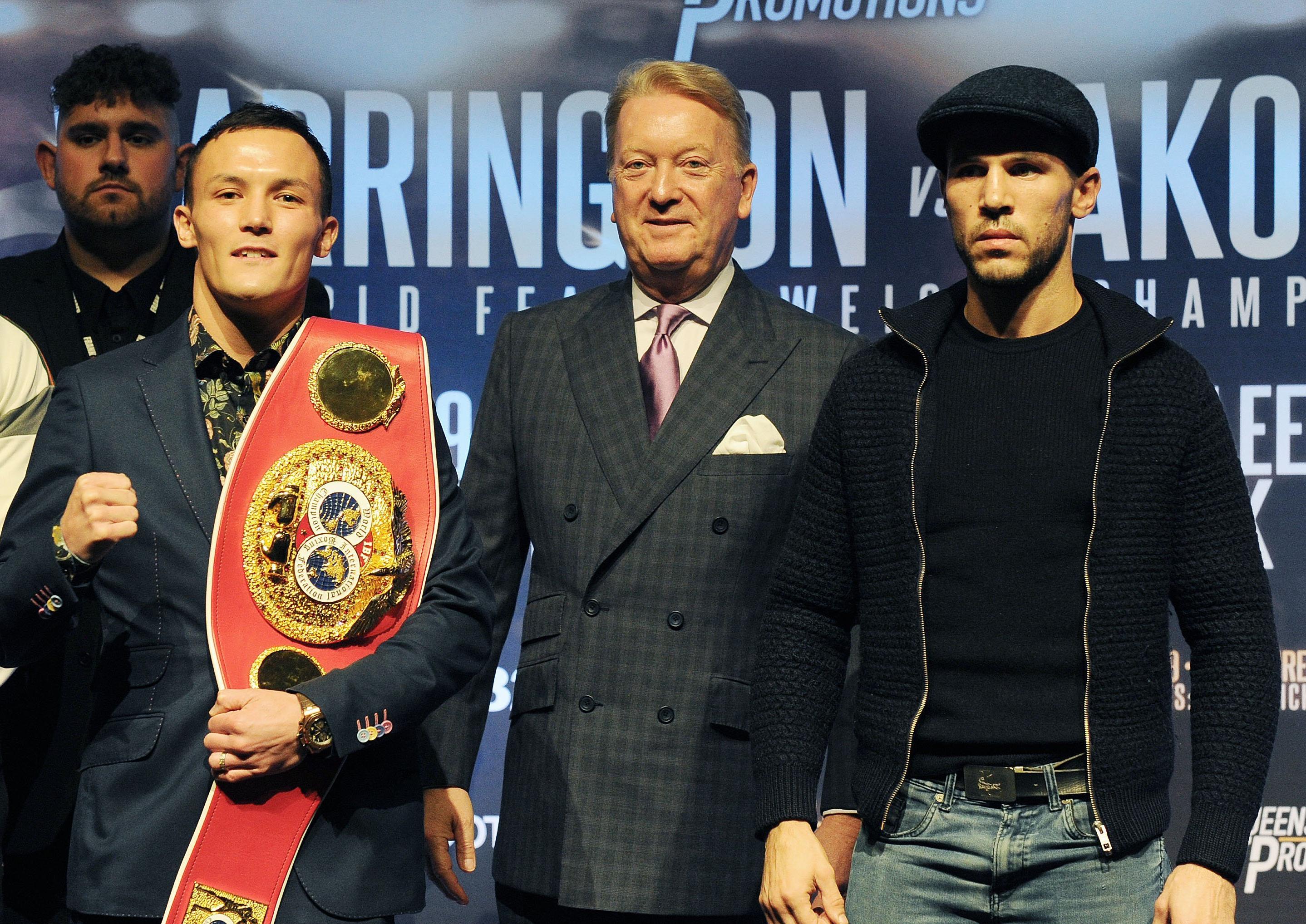 Josh Warrington poses with promoter Frank Warren and opponent Sofiane Takouchtat ahead of their bout at First Direct Leeds Arena last year. Picture: Steve Riding.