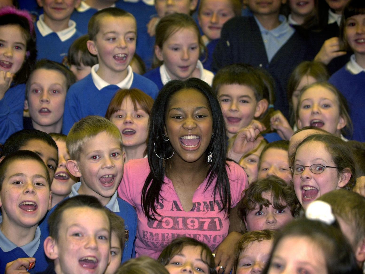 Pop singer Alexia was at Hugh Gaitskell Primary School in Beeston to perform her new single.