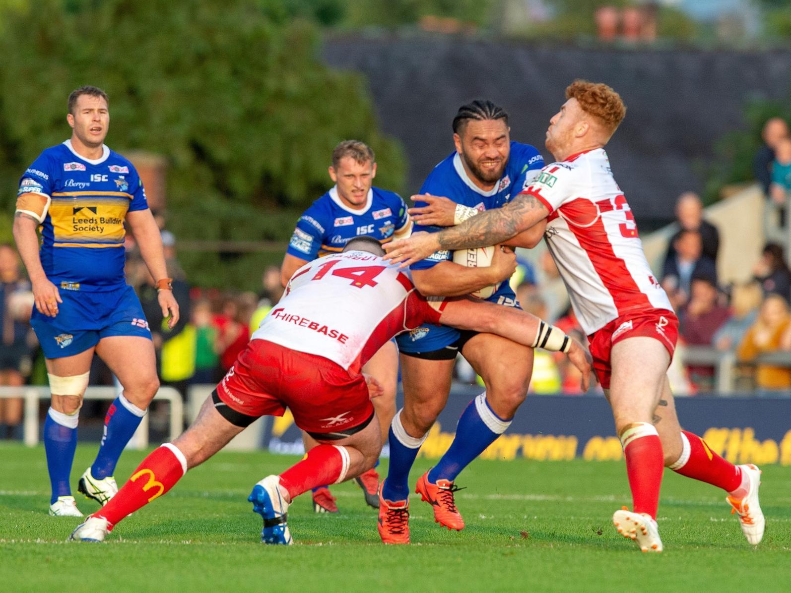Harvey Livett (right) tackles Konrad Hurrell when Hull KR and Leeds Rhinos met last year. Picture by Bruce Rollinson.