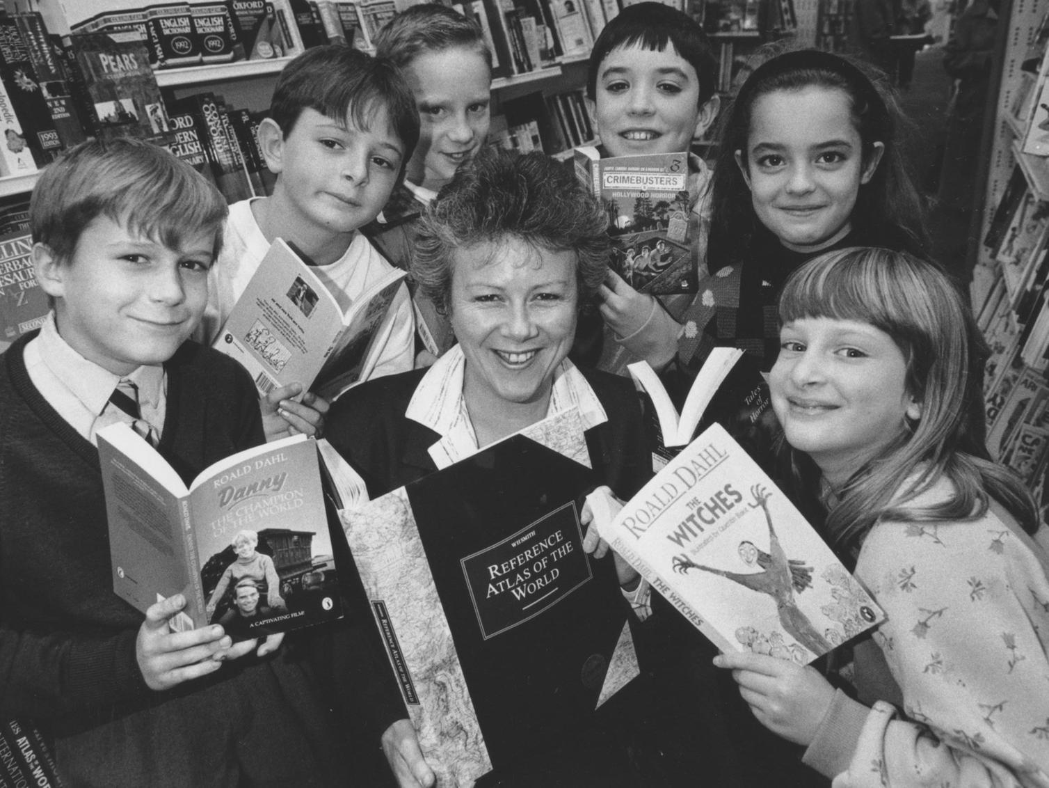 Elaine Beecroft, the book manager at WH Smith, is pictured with six charity readathon pupils from Friarage School in October 1992. From left, Alan Richmond, Elliott Smith, Leroy Smedly, Mark Headland, Claire Ratcloiffe and Claire Ridgway.