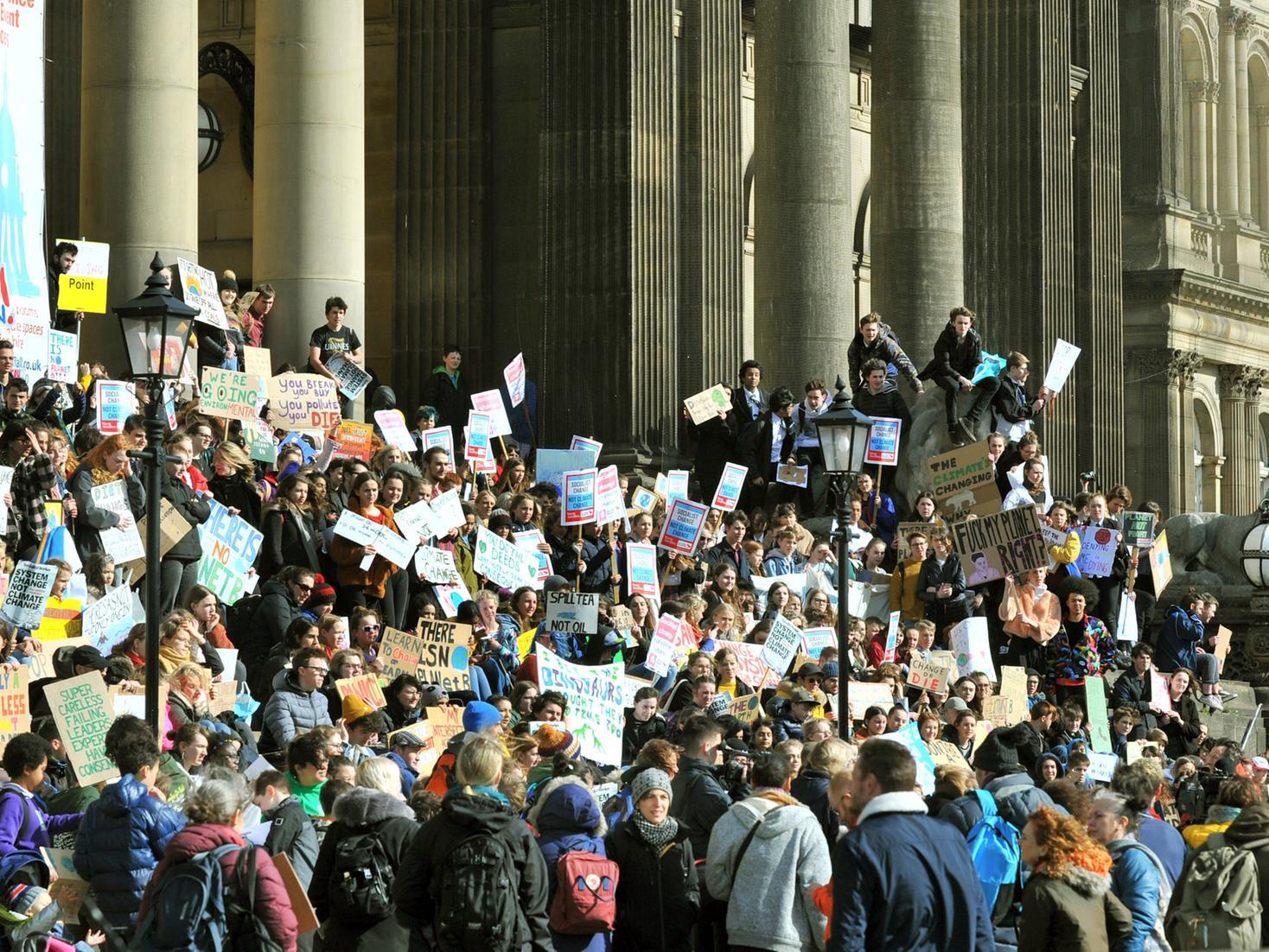 Climate change protesters outside Leeds Town Hall in 2019.