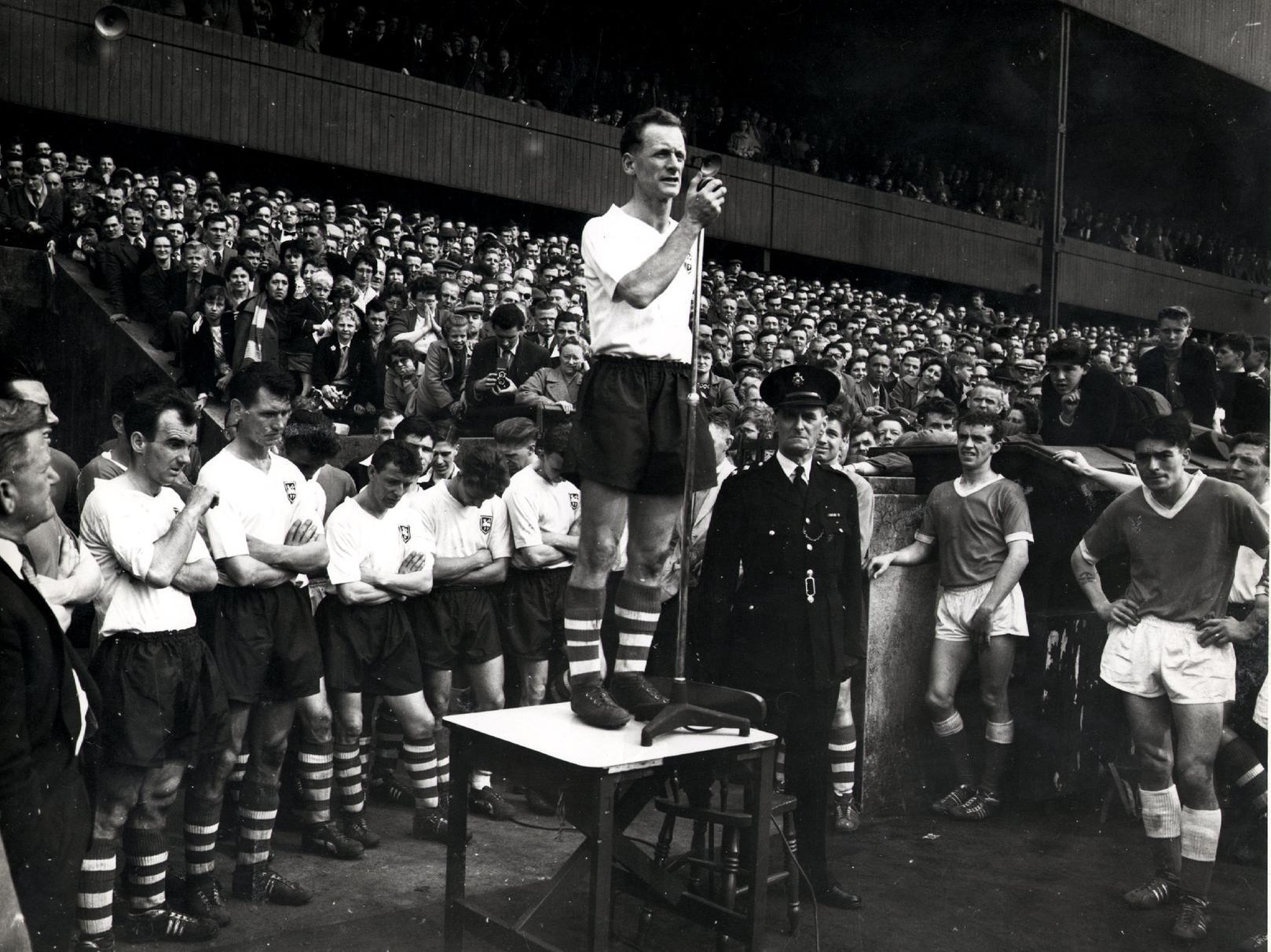 Tom Finney gives a farewell speech after his final game for Preston North End