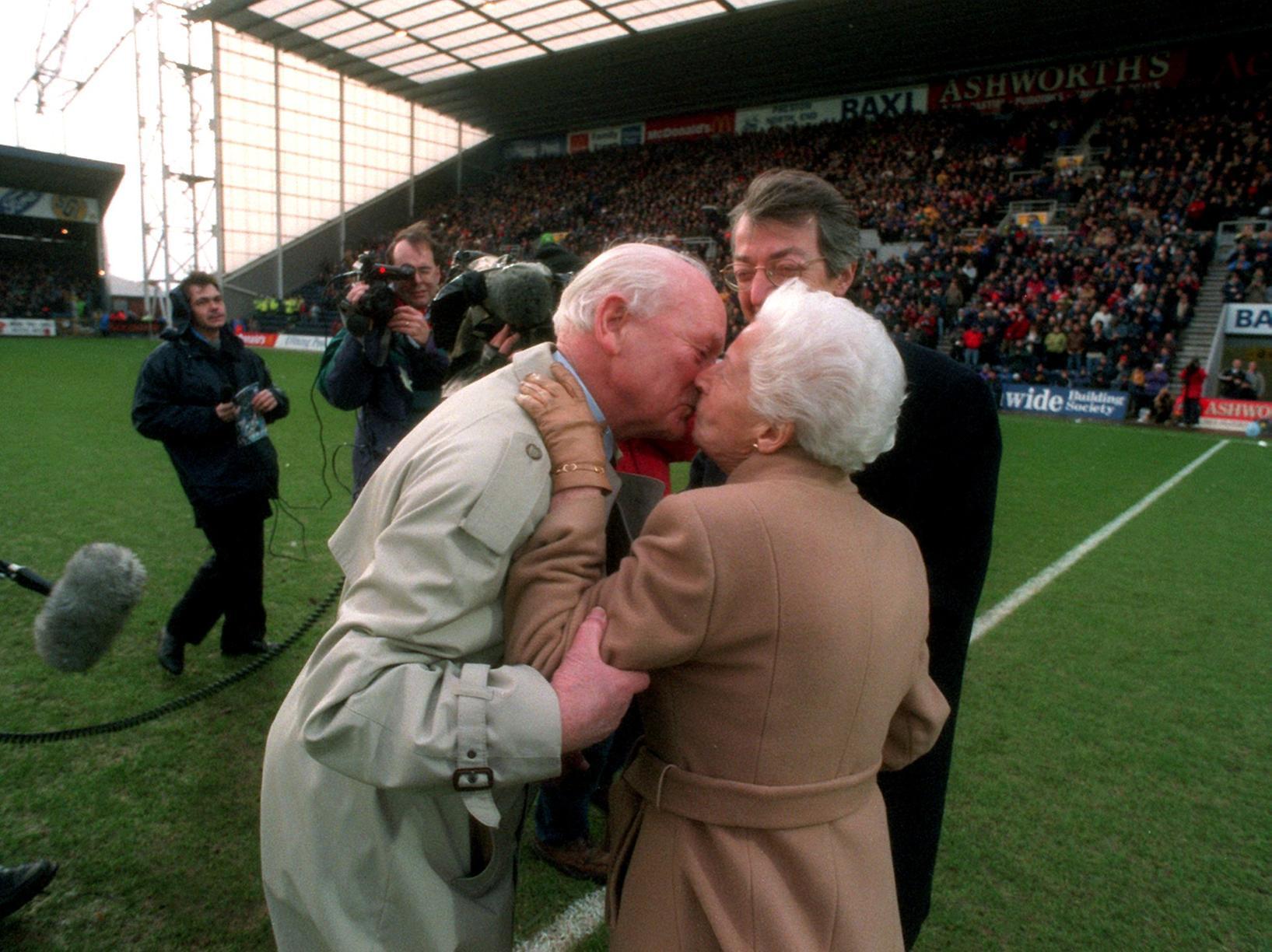 Tom Finney kisses his beloved wife Elsie on the Deepdale pitch