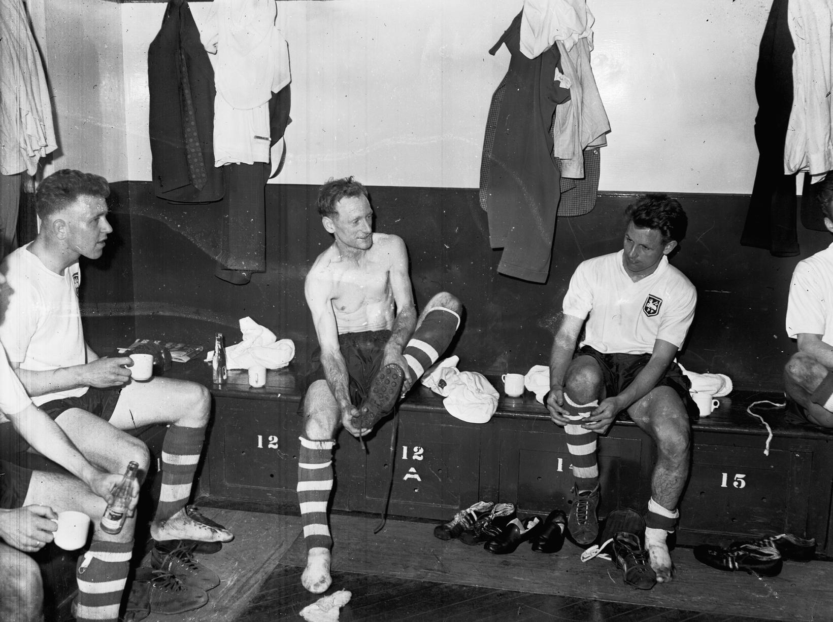 Tom Finney in the Deepdale dressing room after his final game for Preston