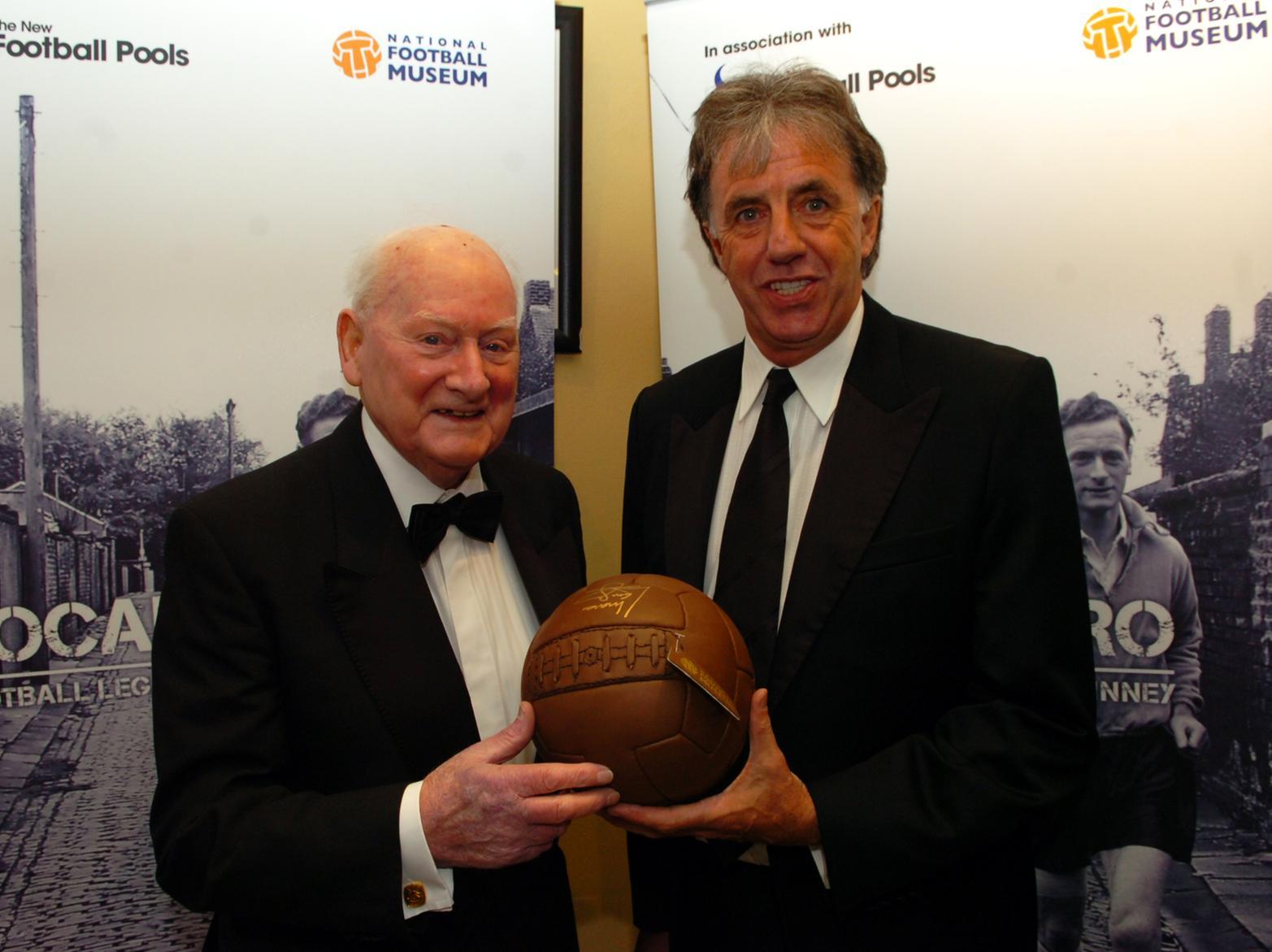 Sir Tom Finney with Mark Lawrenson at the Football Museum when it was housed at Deepdale