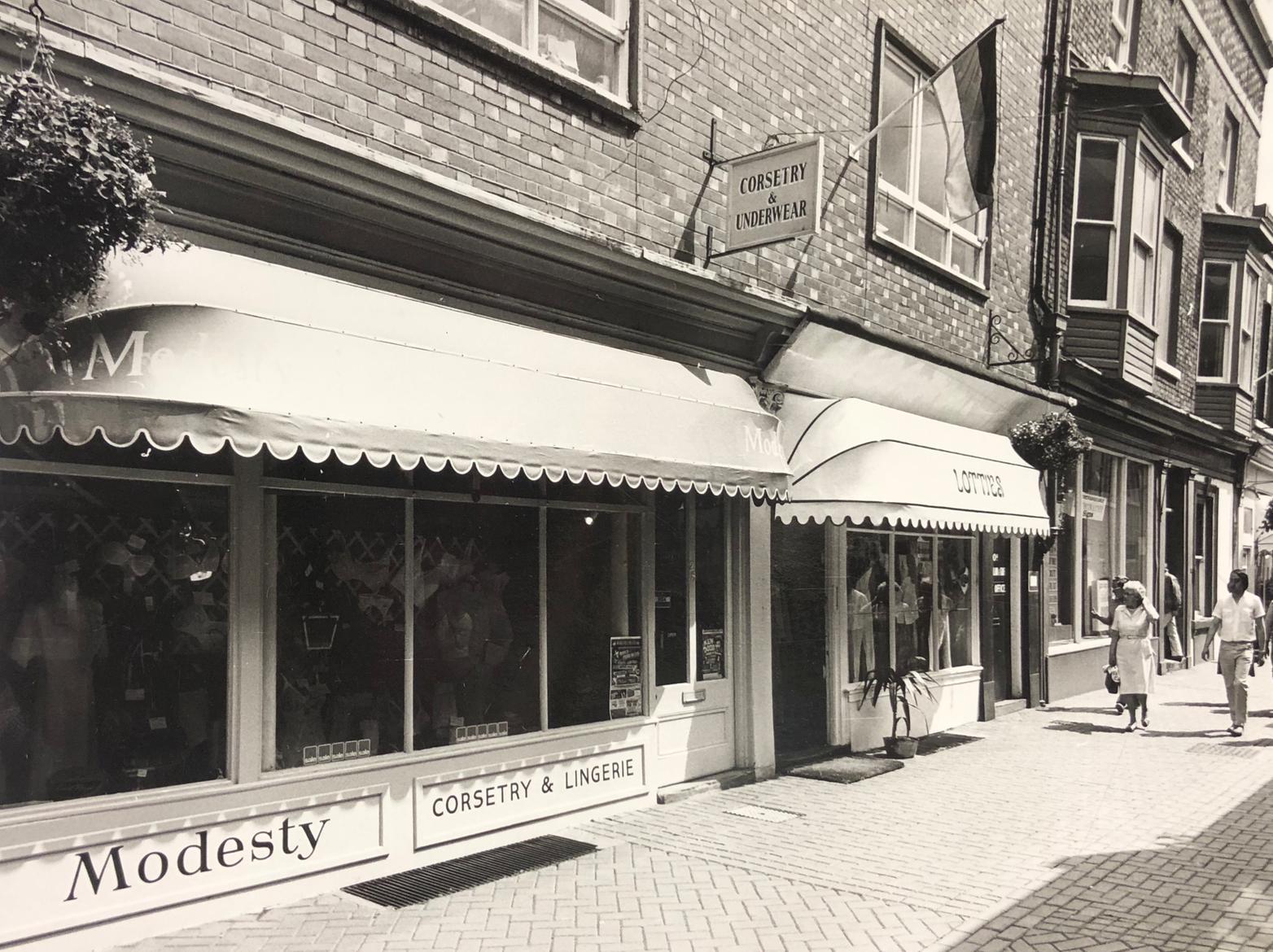 A corsetry and lingerie store called Modesty tucked away on Bar Street. The building is now Pauls of Bar Street, a hair salon.