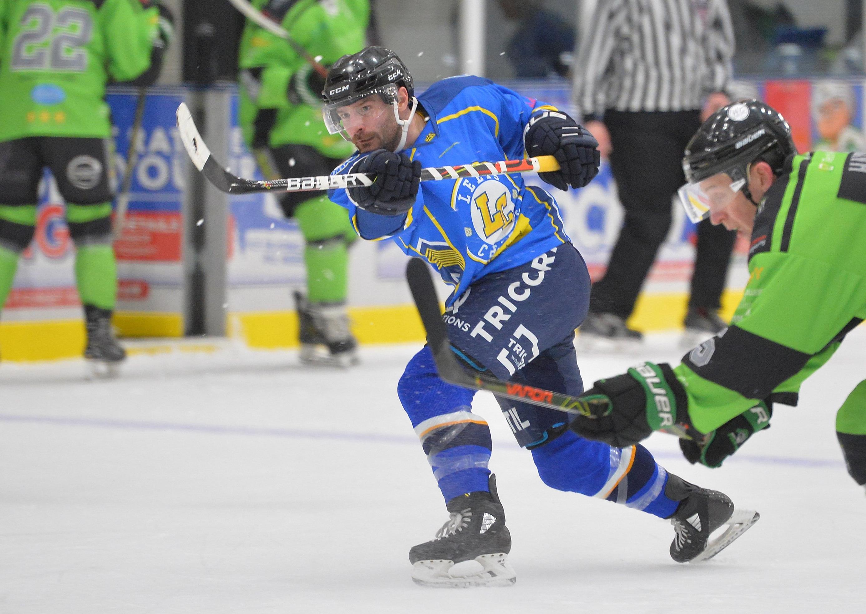 DELIGHT: Leeds Chiefs' player-coach Sam Zajac fires a shot in on the Hull Pirates during Friday night's 4-3 overtime win. Picture: Dean Woolley.