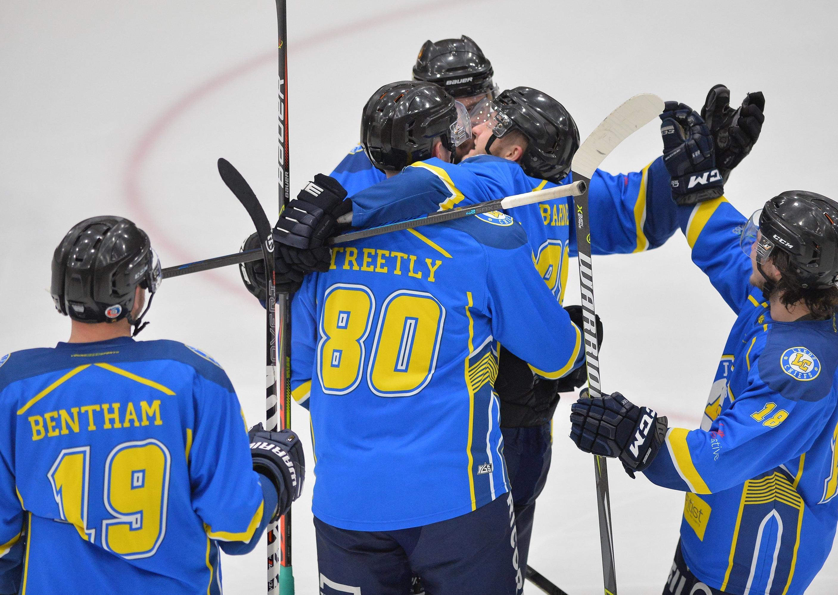Leeds Chiefs' players celebrate Adam Barnes's equalising goal in the third period against Hull Pirates. Picture: Dean Woolley.