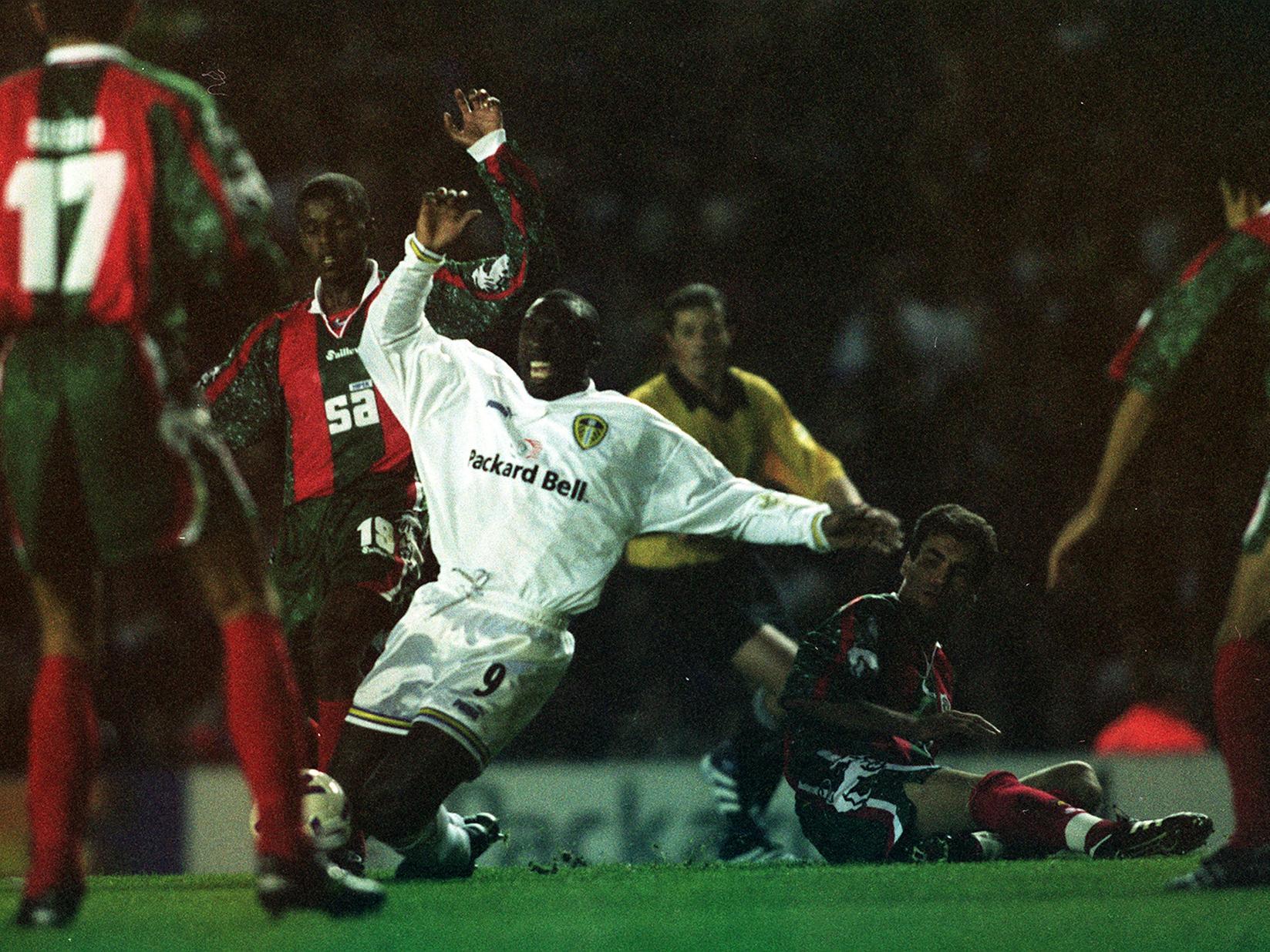 Jimmy Floyd Hasselbaink is brought down on the edge of the box. He scored from the free kick to give the Whites the win in front of 38,000 at Elland Road.