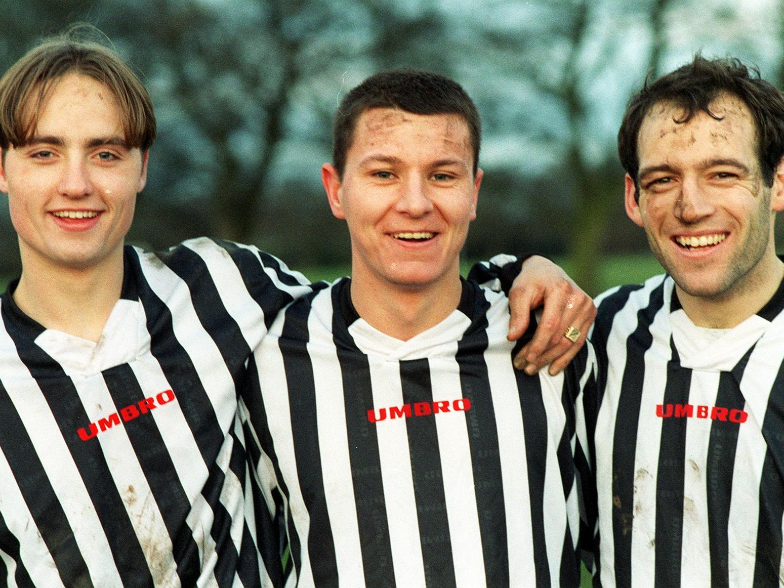 The Belle Isle scorers in the 6-0 win against Old Modernians in the Premier Division. Pictured, from left, left, Tristan Thornton (2), Glen Butterfield (3) and Dean Duncan.