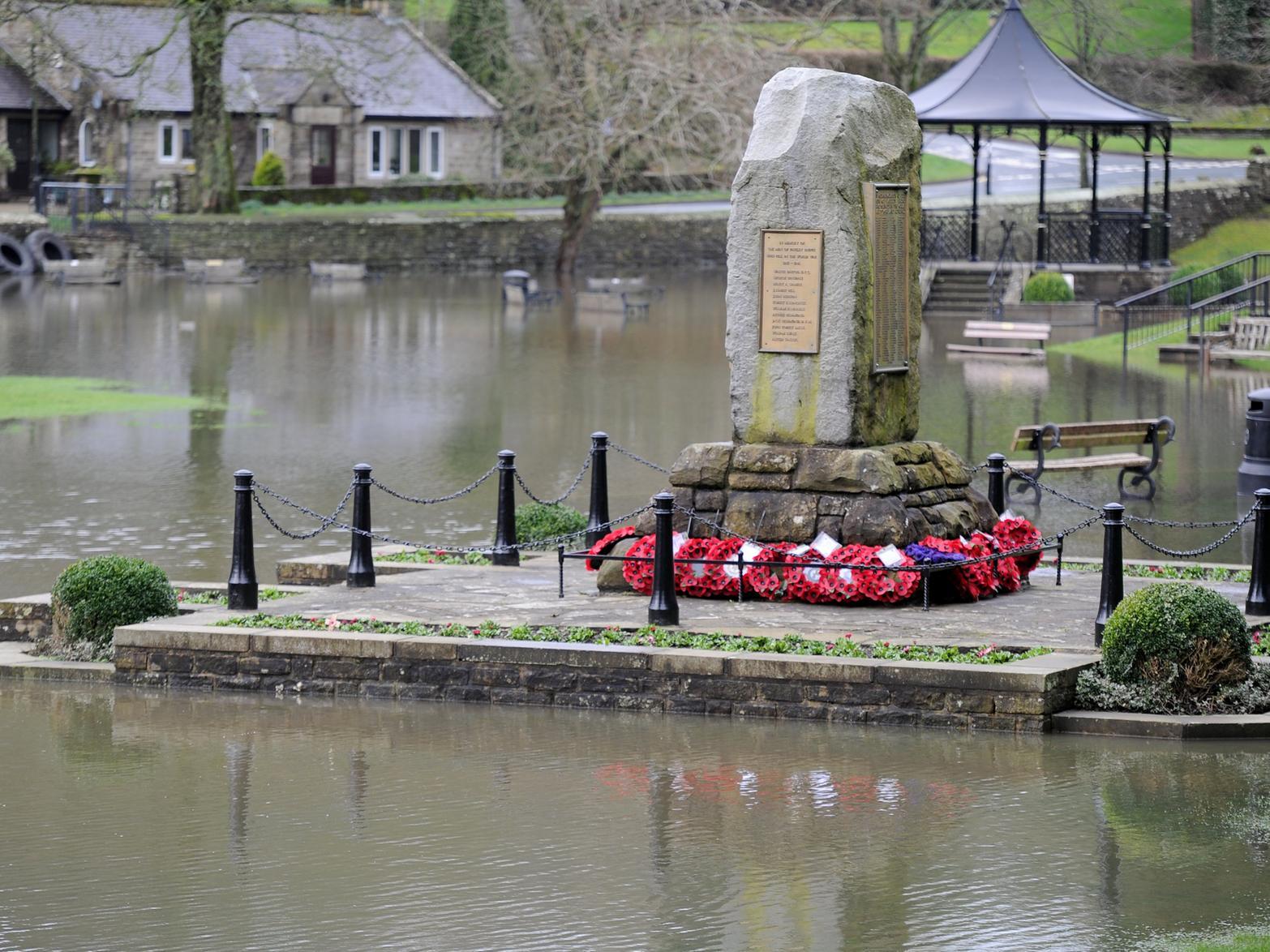 Flood water surrounded the war memorial at the weekend.