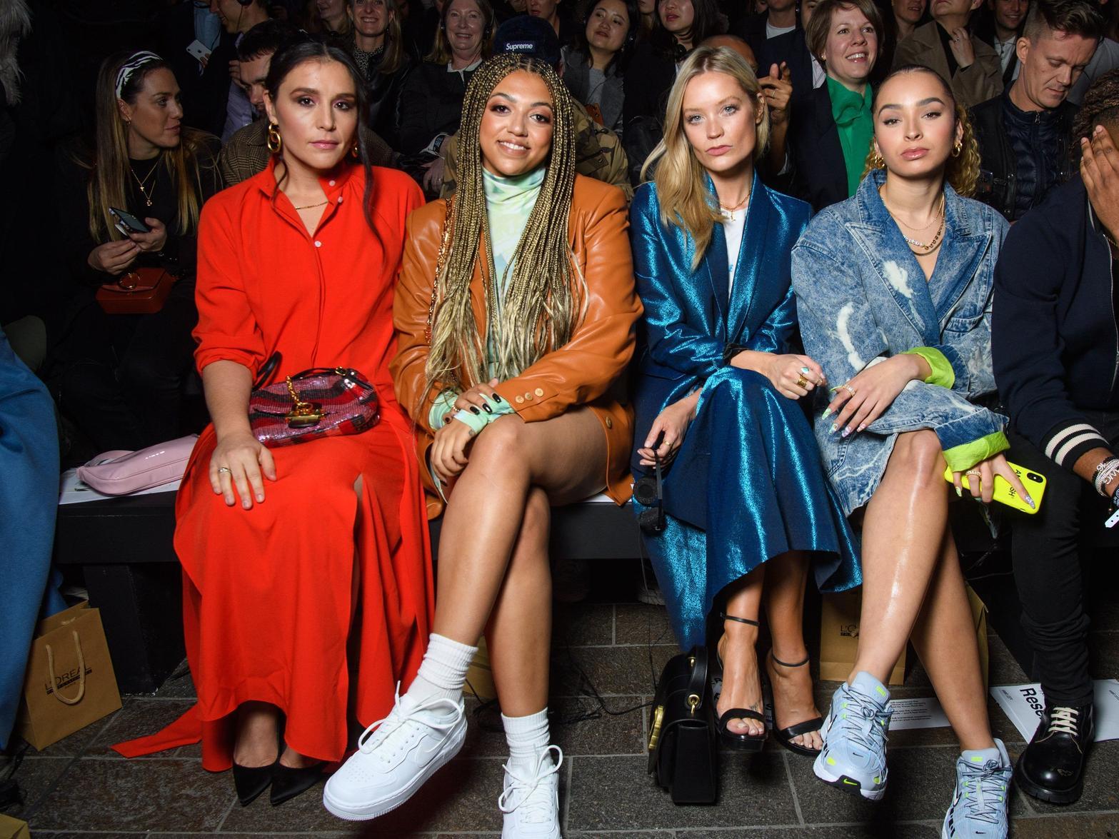 left to right) Jessie Ware, Mahalia, Laura Whitmore and Ella Eyre attend the Central Saint Martin's MA show at London Fashion Week as a digitally generated version of model Adwoa Aboah is unveiled, showcasing Three's 5G technology. PA Photo. Picture date: Friday February 14, 2020. Photo credit should read: Matt Crossick/PA Wire