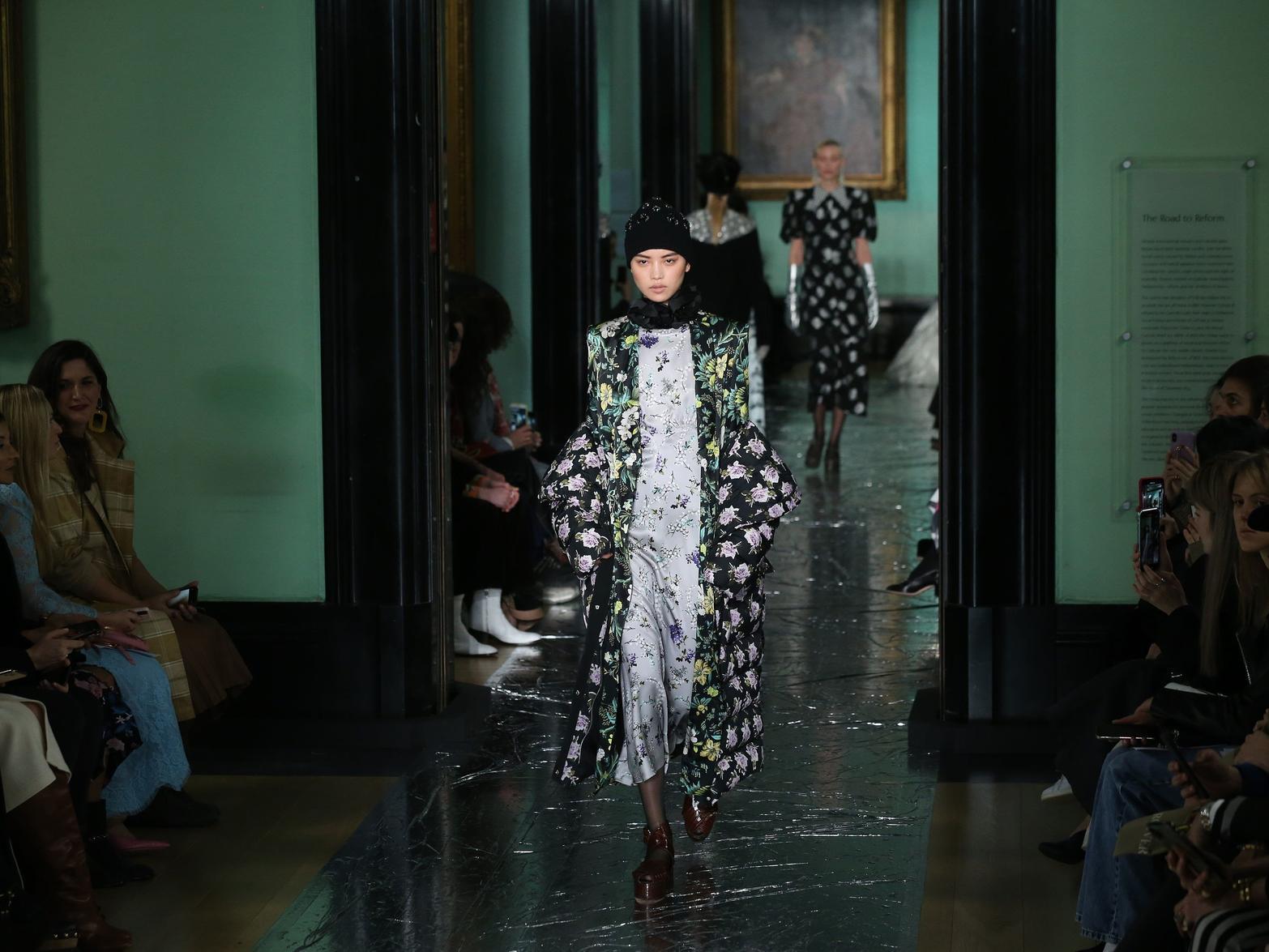 Models on the catwalk during the Erdem show at the London Fashion Week February 2020 at The National Portrait Gallery. Isabel Infantes/PA Wire