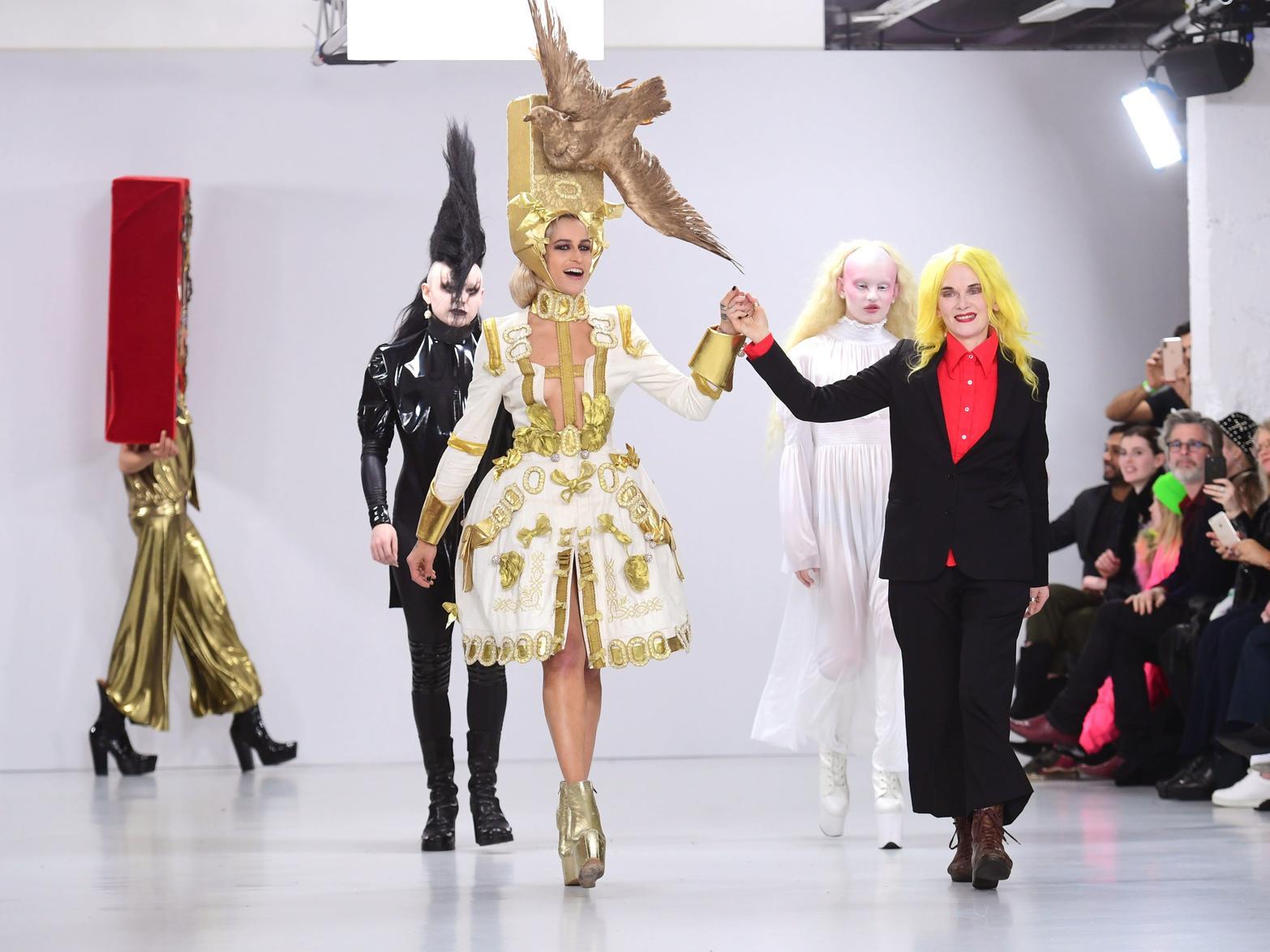 Alice Dellal, Pam Hogg and Models on the catwalk during the Pam Hogg show at London Fashion Week February 2020. Ian West/PA Wire