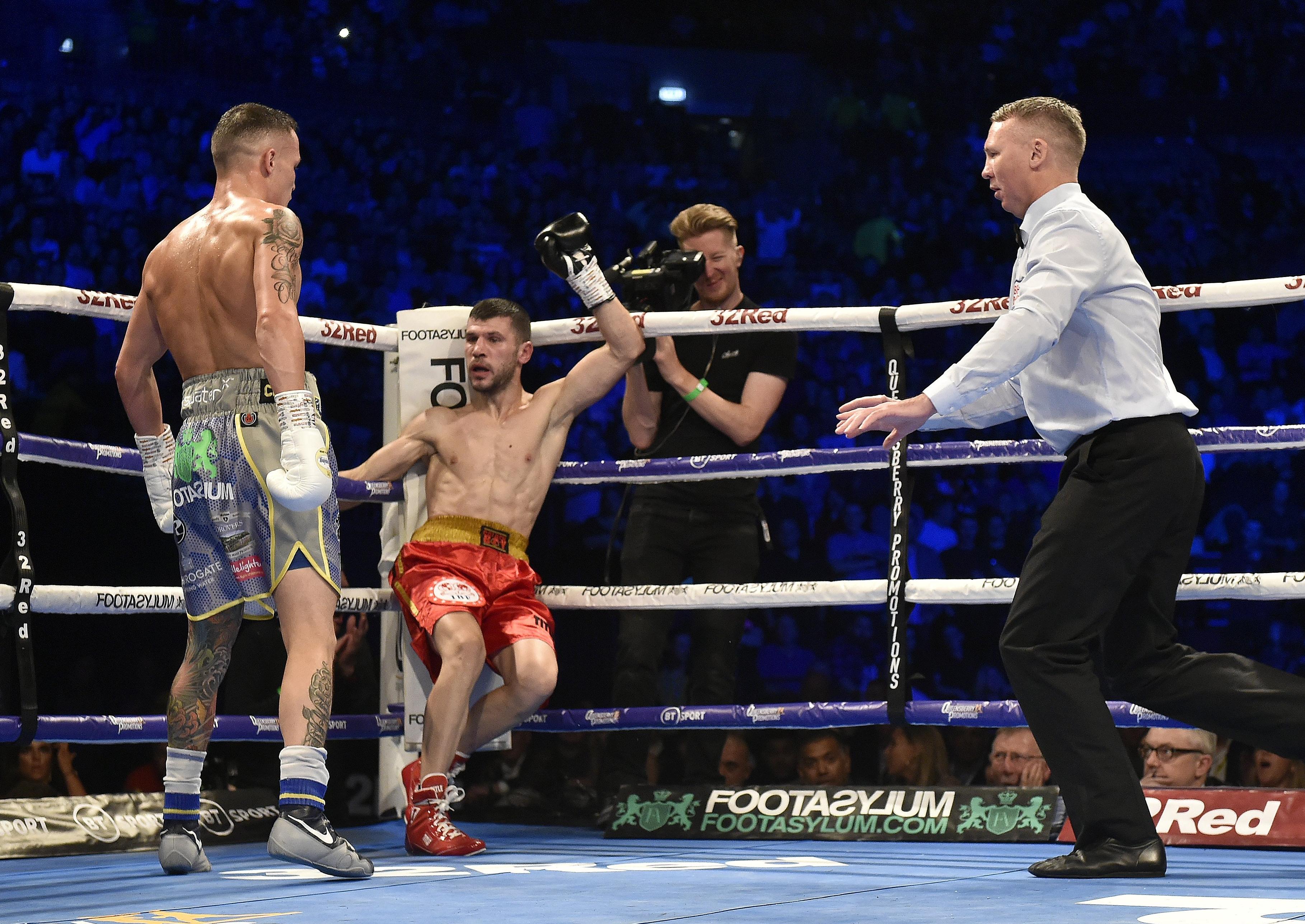 Josh Warrington knocks down Sofiane Takoucht at the Leeds Arena last October.