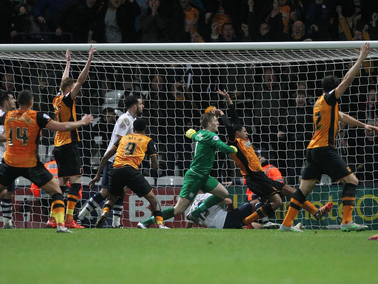 Now in PNE colours, John Welsh clears off the line to prevent Hull from scoring. It proved vital as Paul Gallagher's goal was the only one of the game, giving Preston the win in 2015.