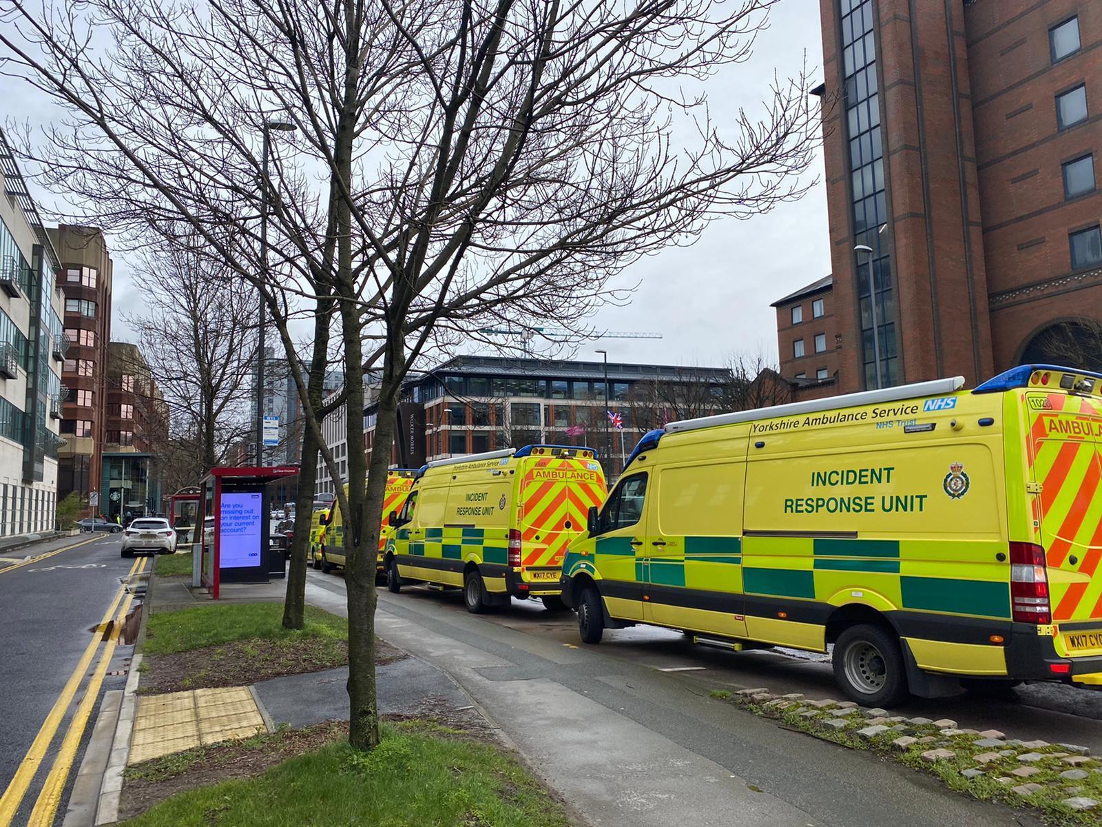 Yorkshire Ambulance Service incident response units standing by in Wellington Street.