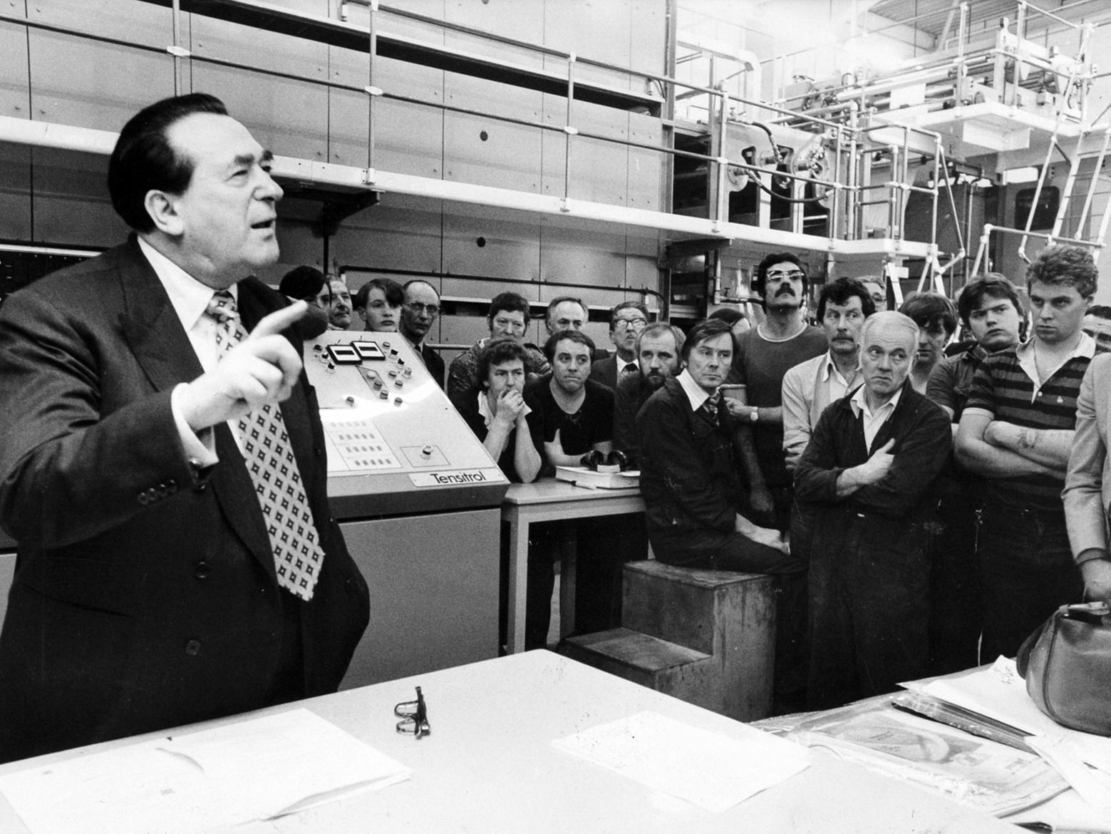 Magnate Robert Maxwell  launched a scathing attack on the Government industrial relations legislation while visiting a Leeds printing works. He flew into the city by helicopter to open a new press at Petty & Sons on Whitehall Road.
